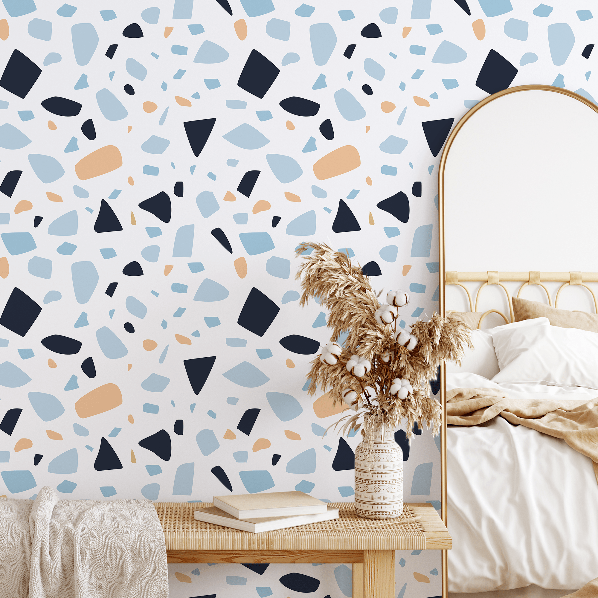 Terrazzo Wallpaper With Modern Abstract Shapes In Navy, Blue, And Beige - B934