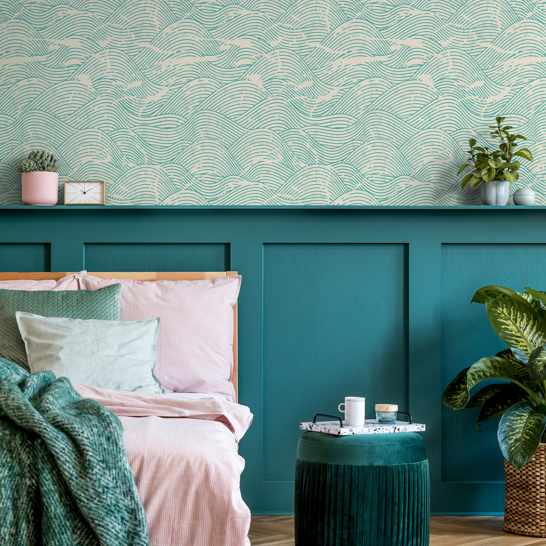 Coastal Wallpaper Featuring A Distressed Wave Motif In Teal And Beige - B935