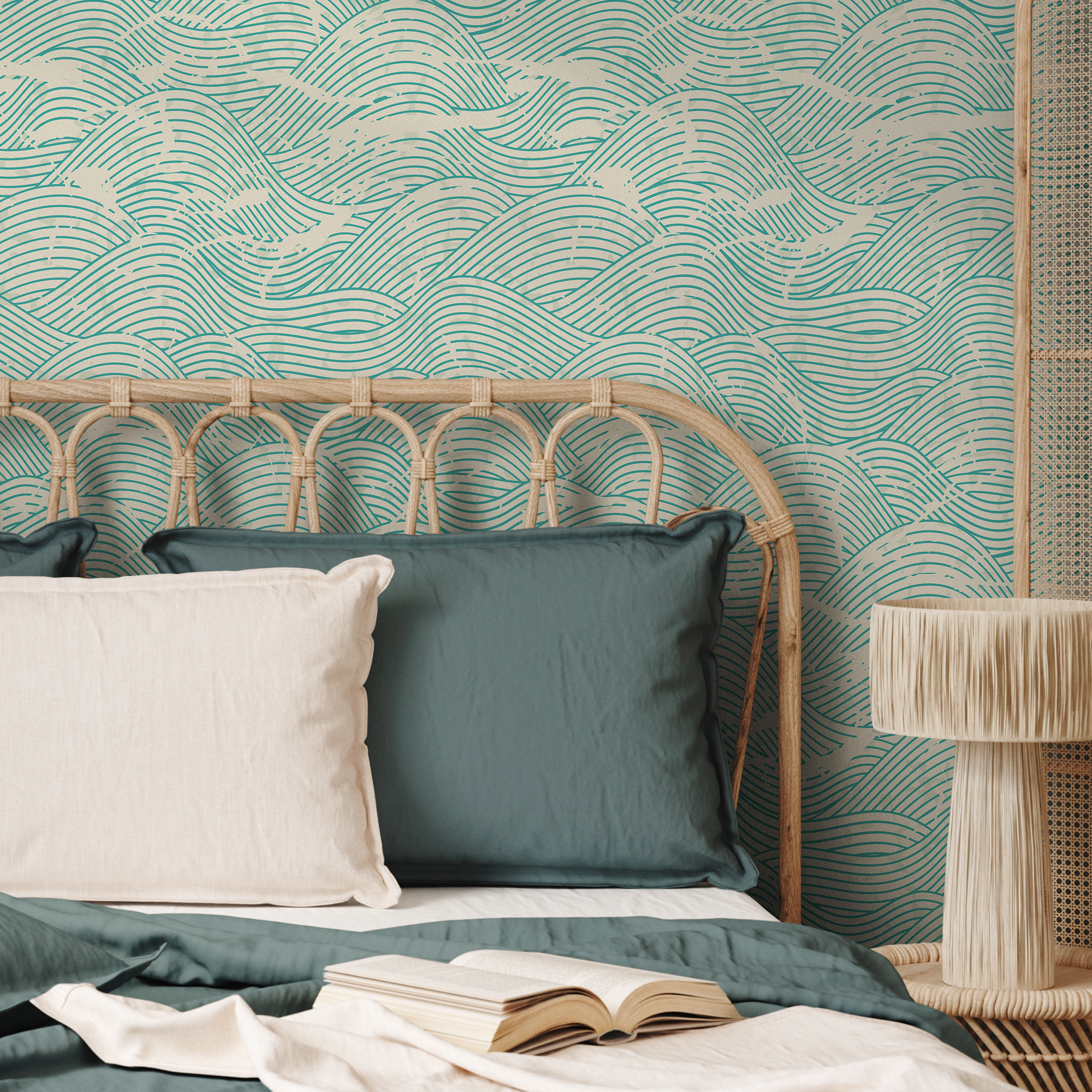 Coastal Wallpaper Featuring A Distressed Wave Motif In Teal And Beige - B935