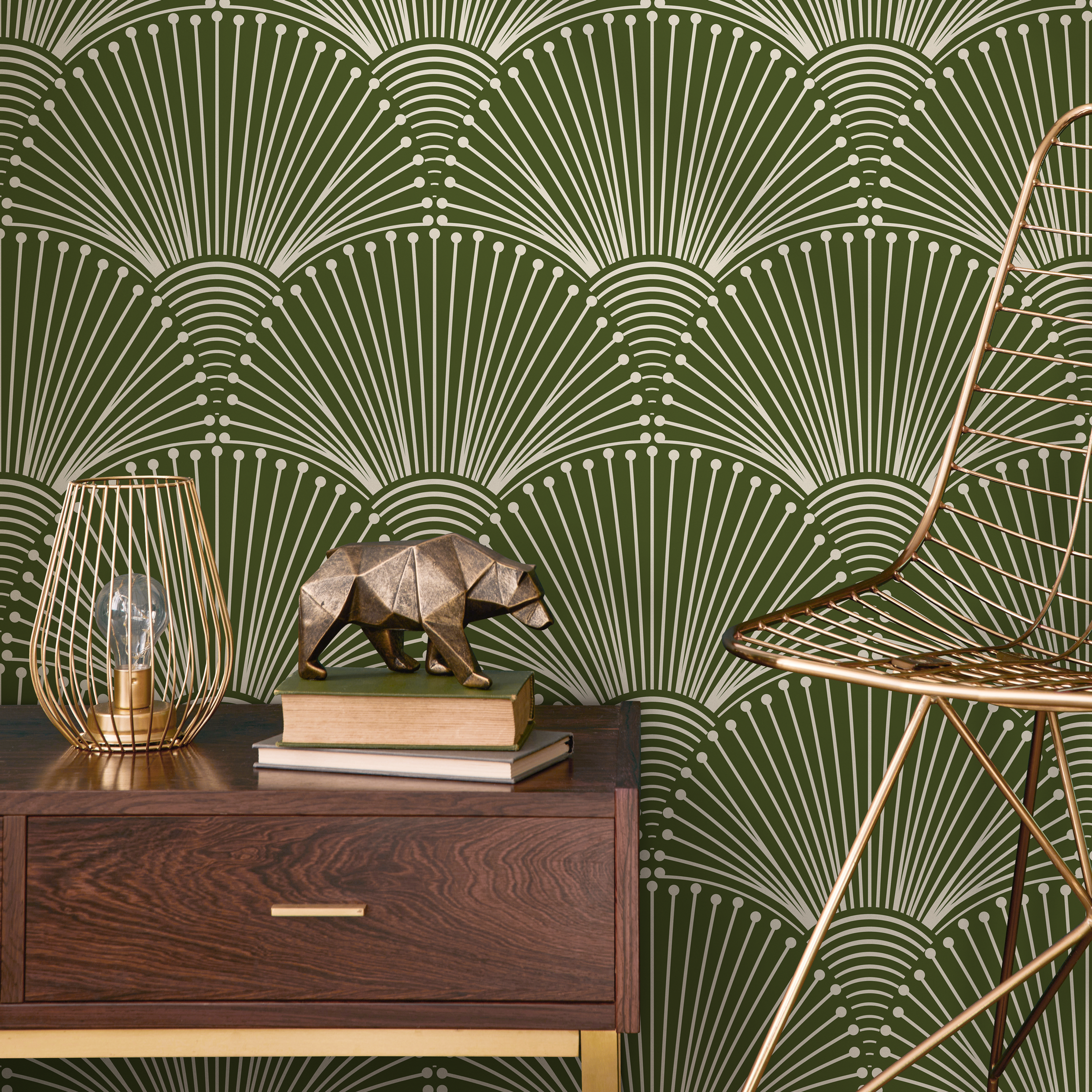 Art Deco Wallpaper With A Scalloped Fan Motif In Green And Cream - B936