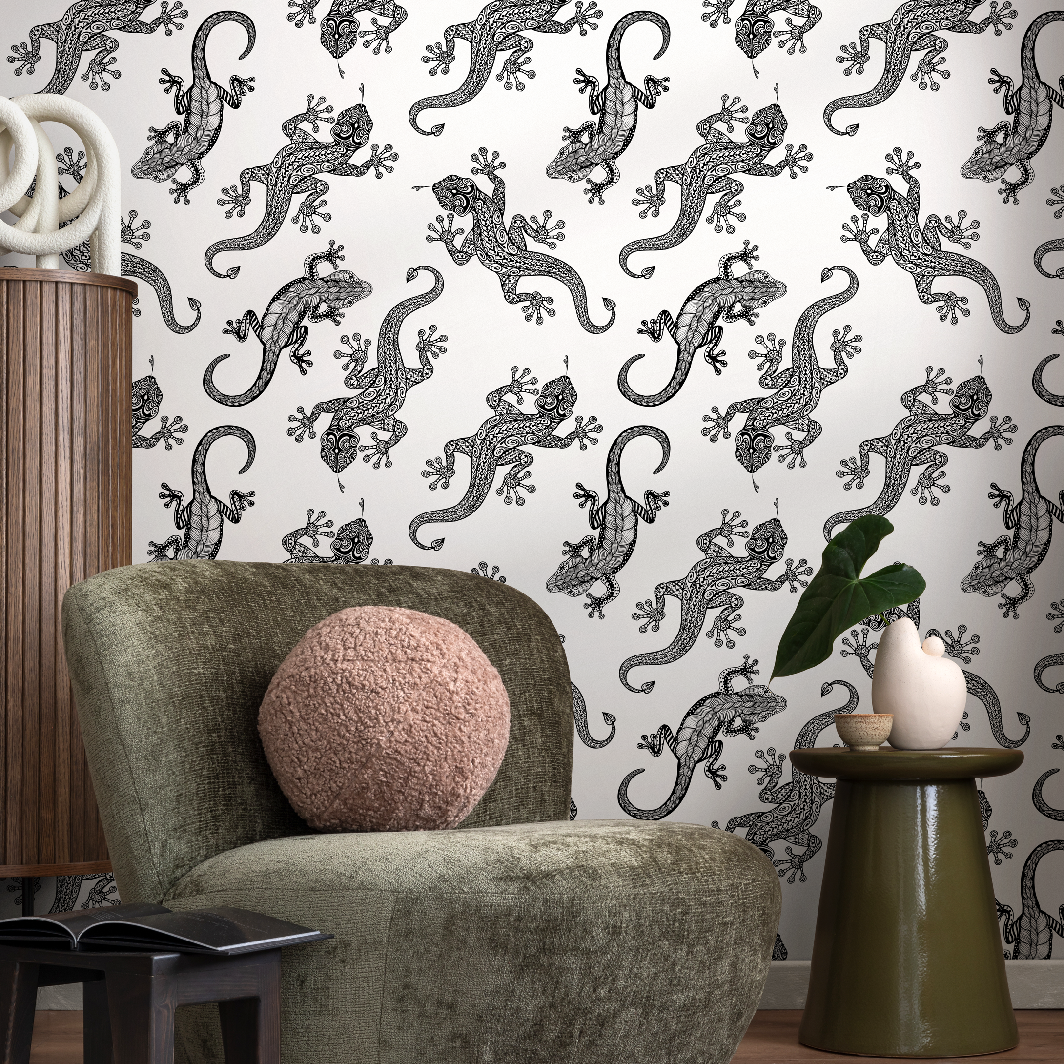 Animal Wallpaper With A Stylized Gecko Motif In Black And White - B941