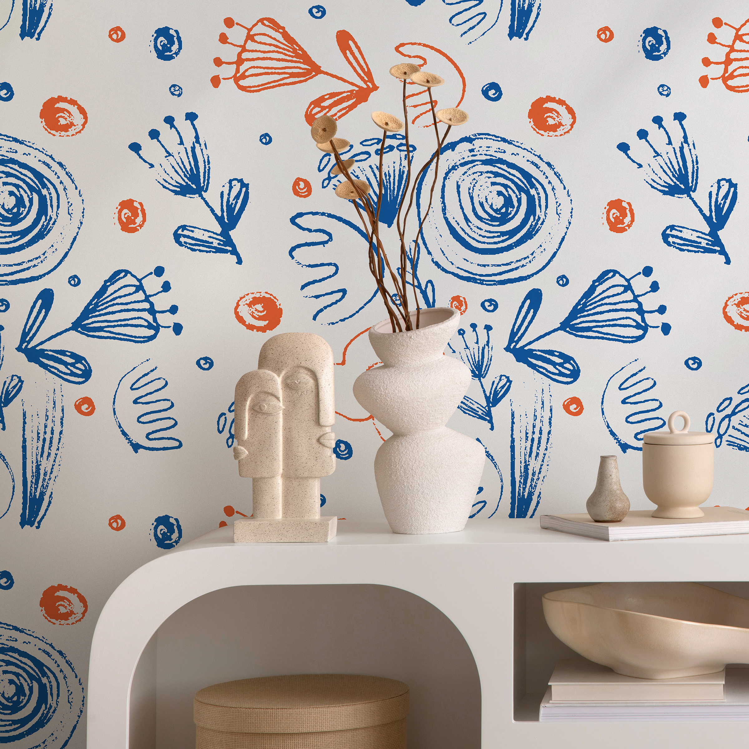Abstract Floral Wallpaper With Sketchy Botanical Motifs In Blue And Orange - B943
