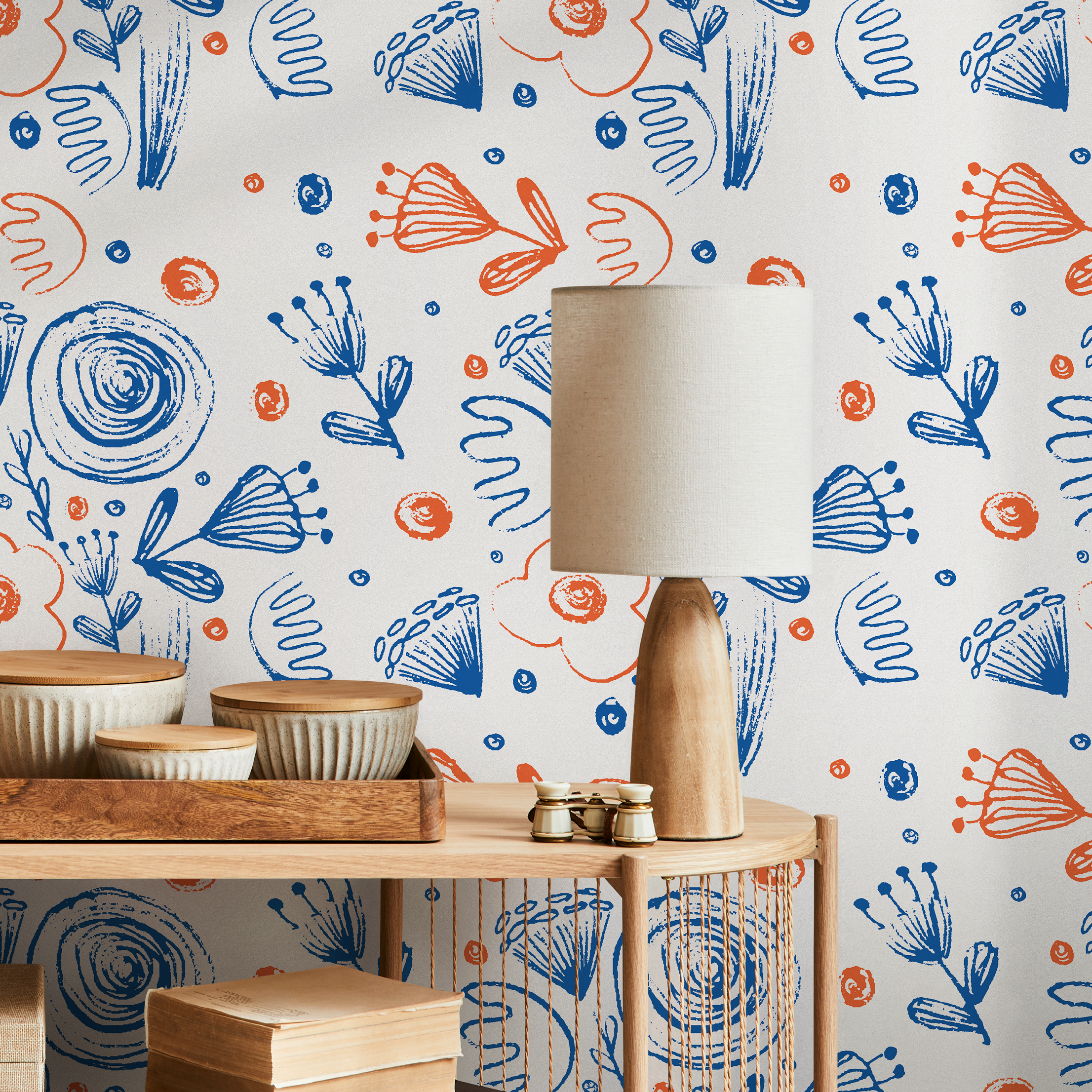 Abstract Floral Wallpaper With Sketchy Botanical Motifs In Blue And Orange - B943