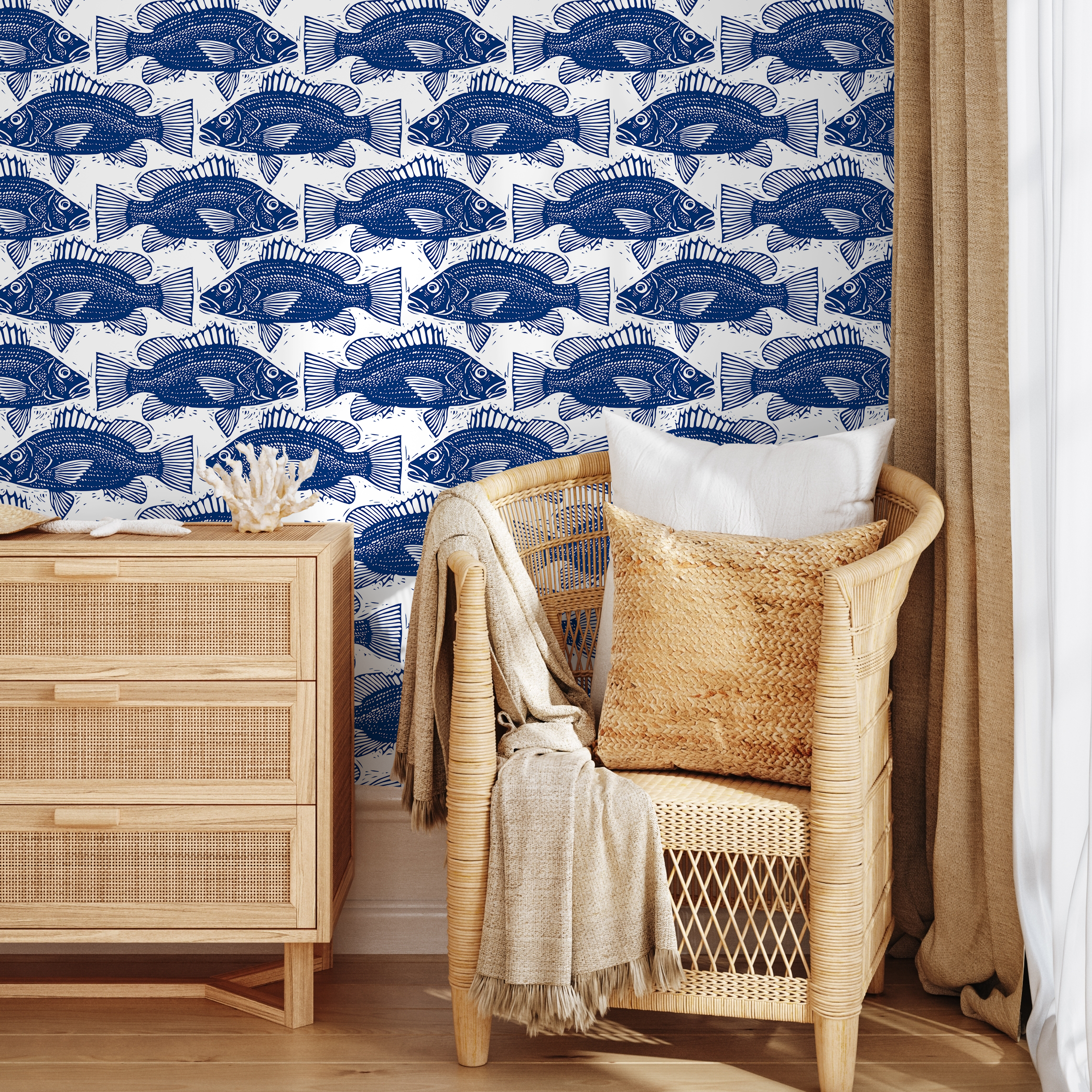 Nautical Wallpaper With A Block Print Fish Motif In Blue - B944