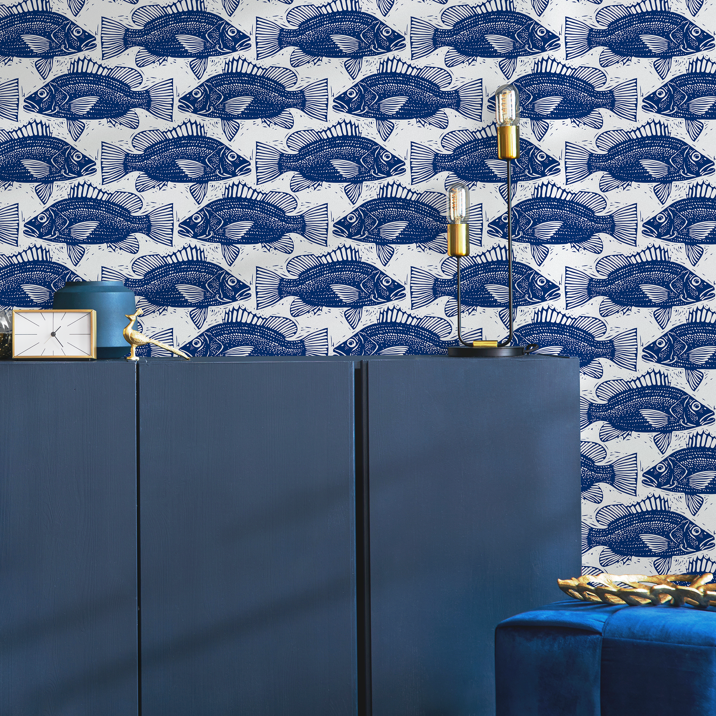 Nautical Wallpaper With A Block Print Fish Motif In Blue - B944