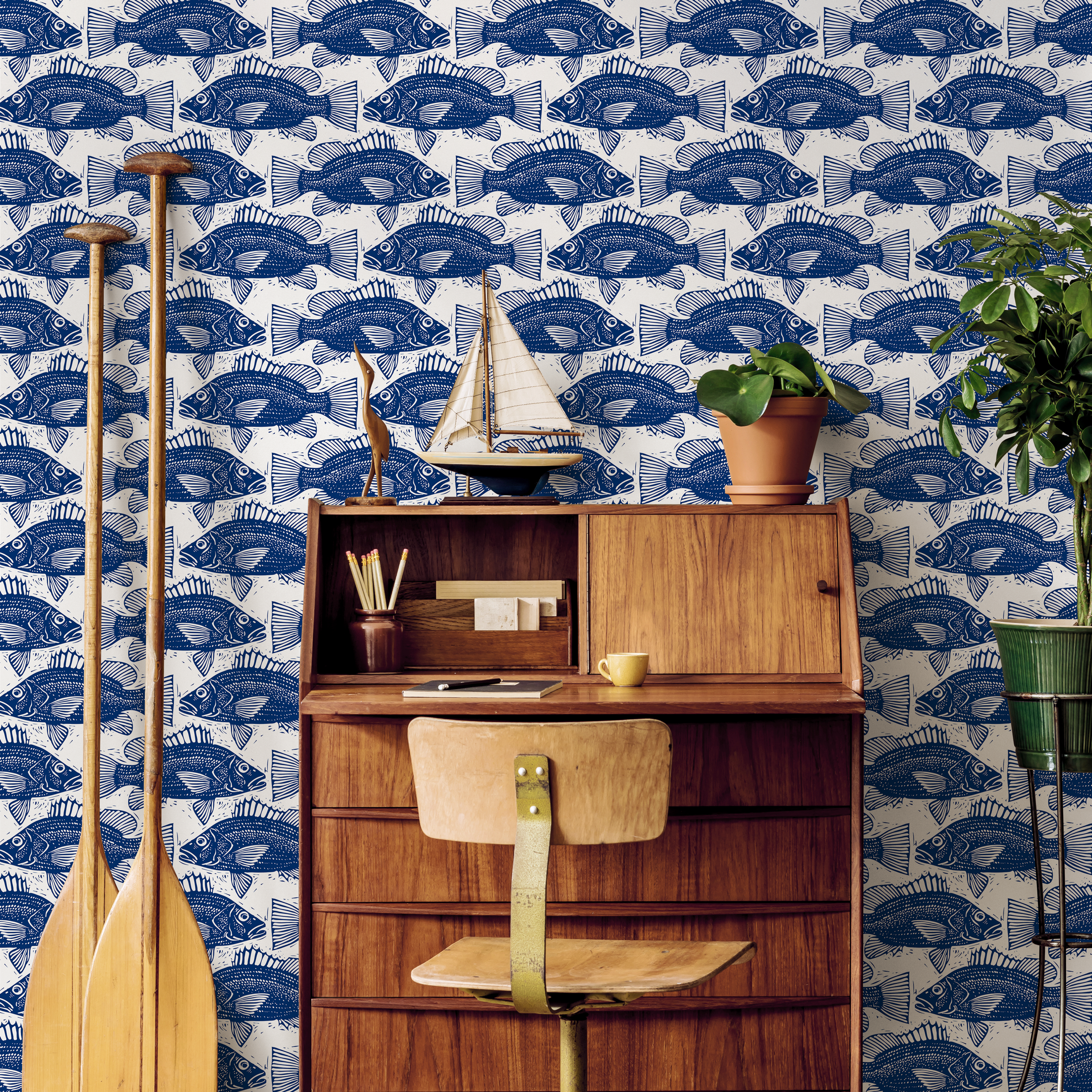 Nautical Wallpaper With A Block Print Fish Motif In Blue - B944