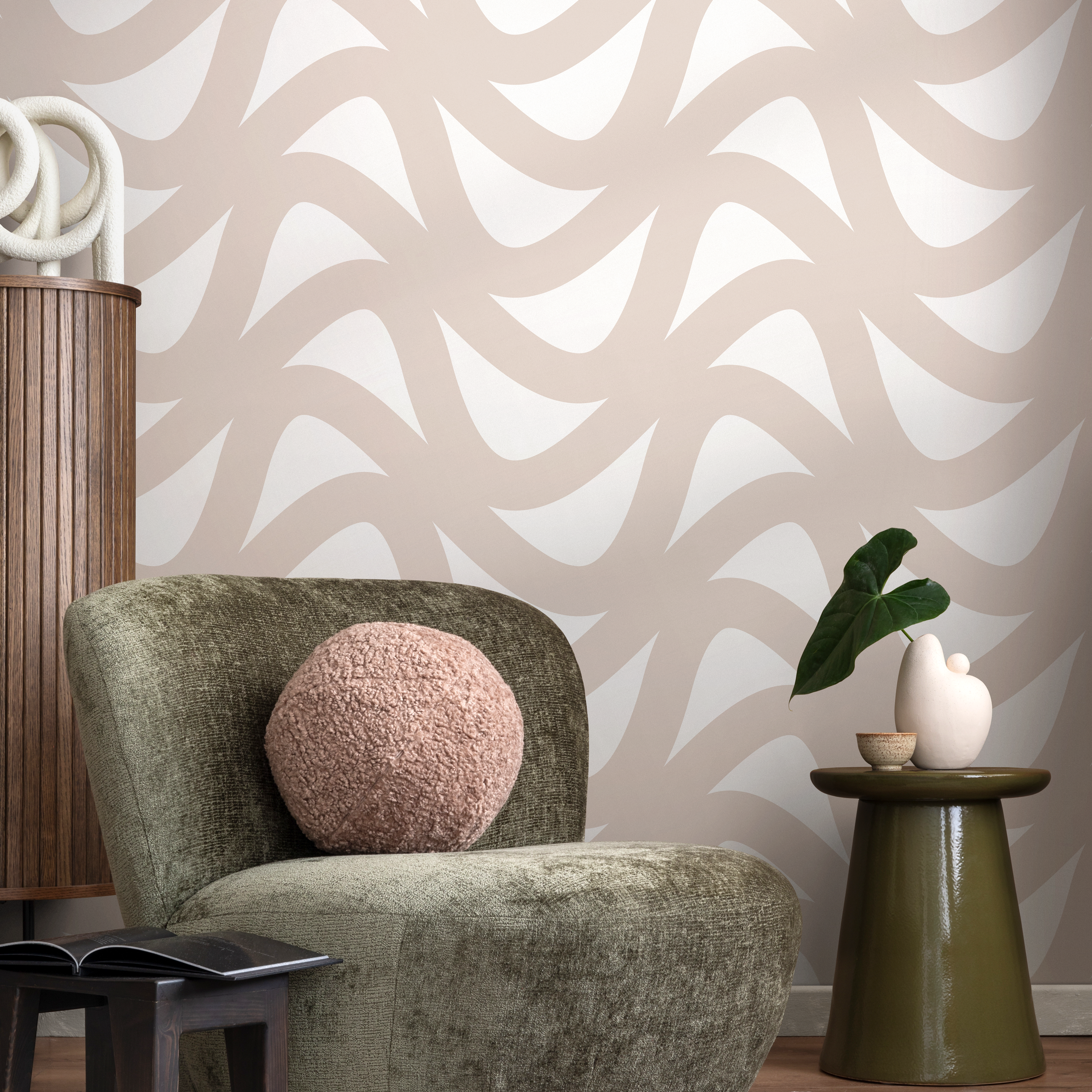Abstract Wallpaper With A Flowing Wave Motif In Beige And Cream - B945