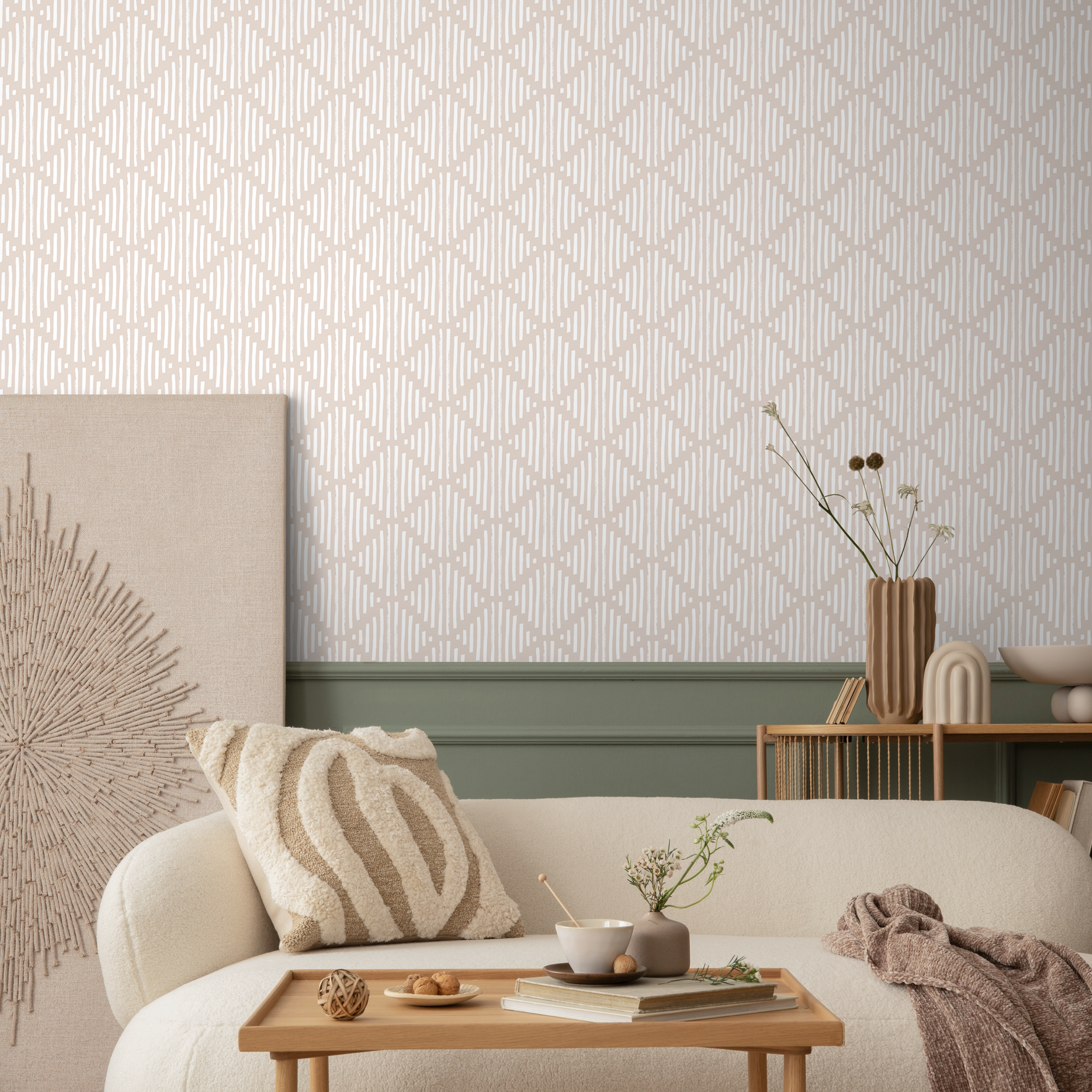 Geometric Wallpaper With A Hand-drawn Diamond Pattern In Beige And Cream - B946