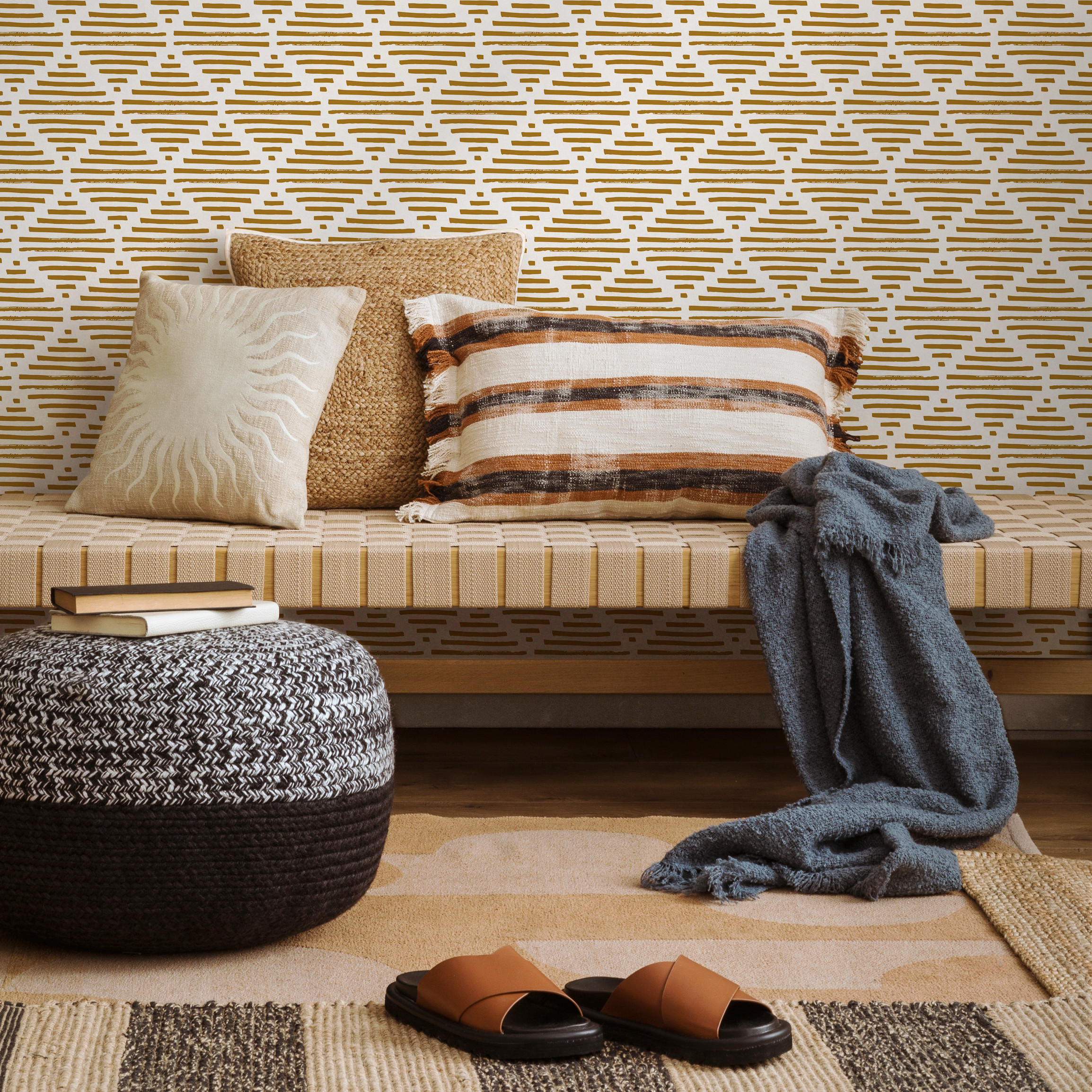 Abstract Wallpaper With A Textured Line Motif In Ochre - B947