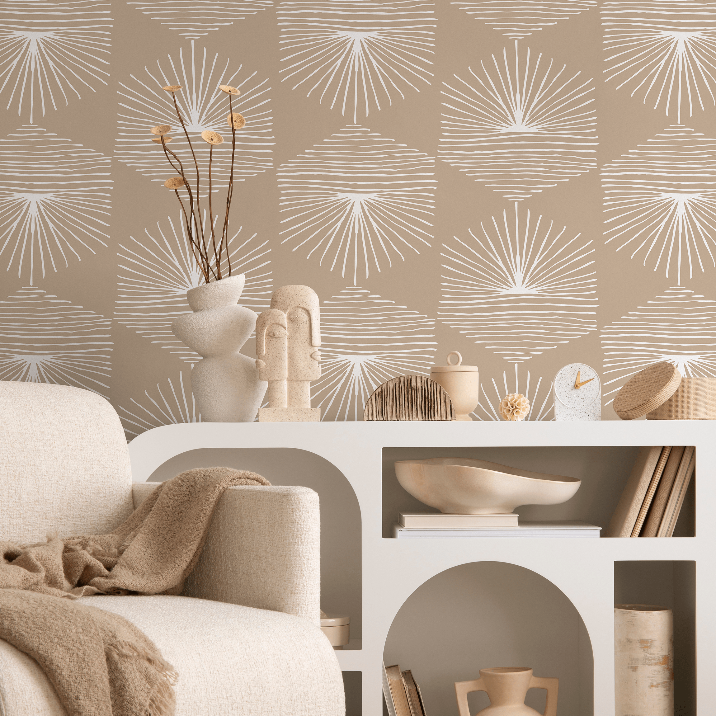 Geometric Wallpaper With A Sunburst Motif In Beige And White - B949