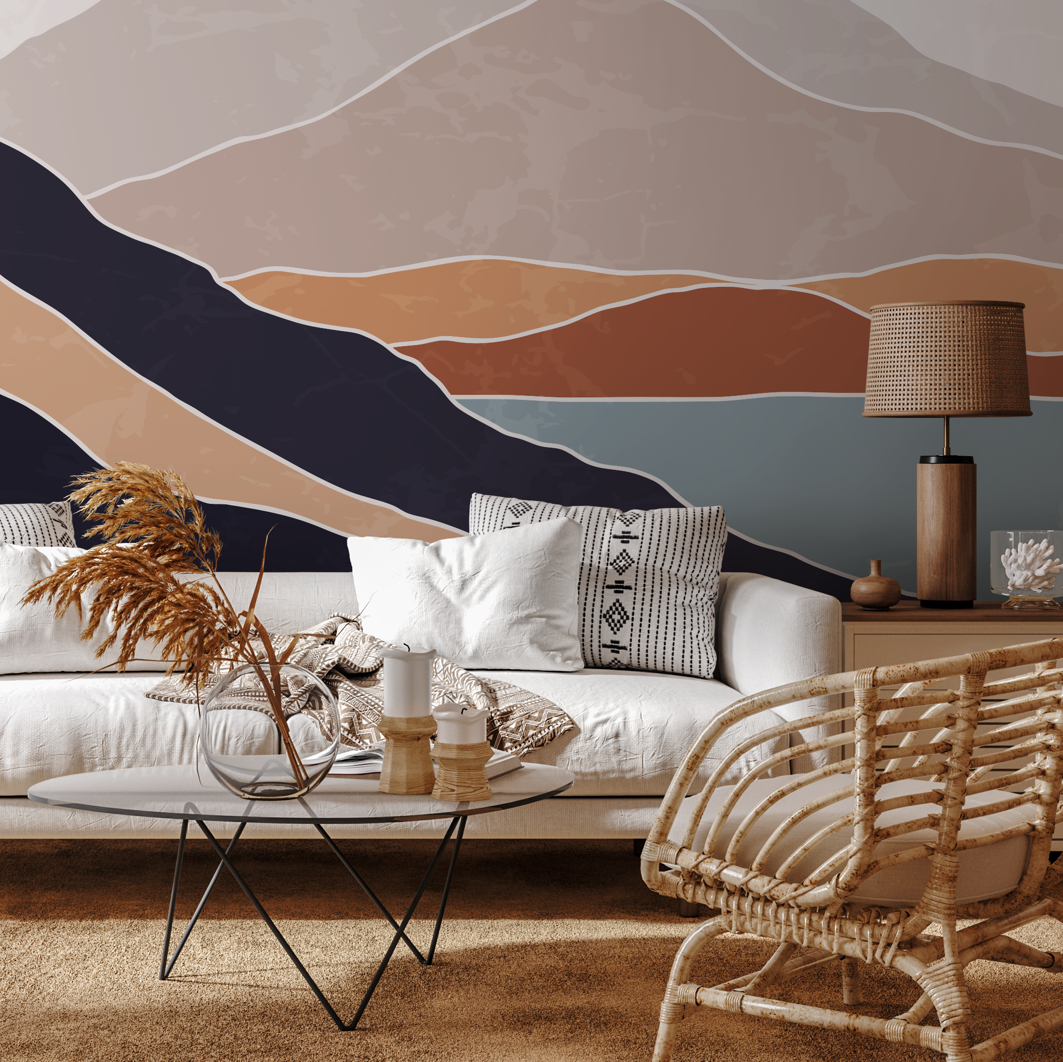 Abstract Wallpaper With A Minimal Landscape In Terracotta, Navy, And Beige - B950