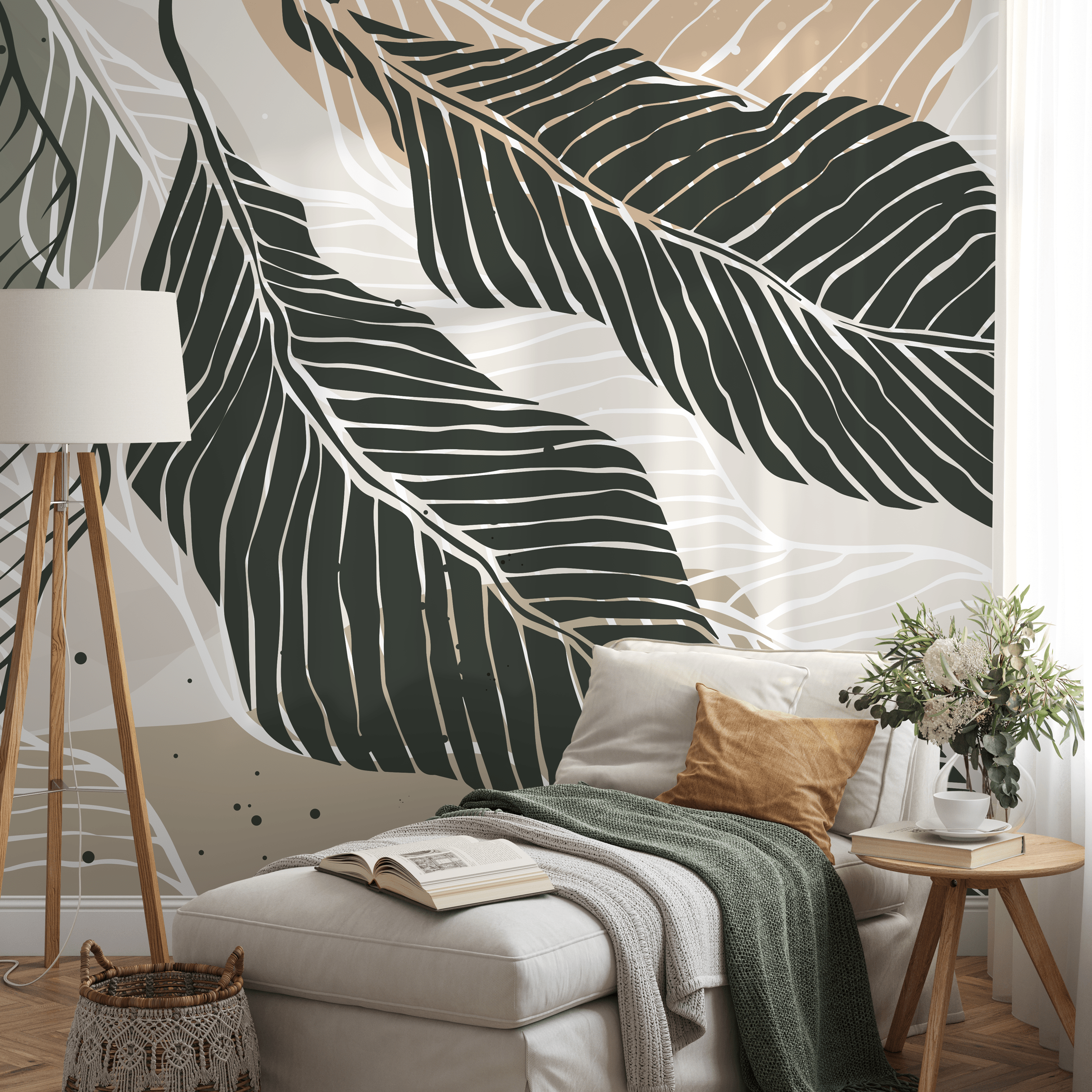 Botanical Wallpaper With Stylized Leaves In Green, Beige, And Black - B953