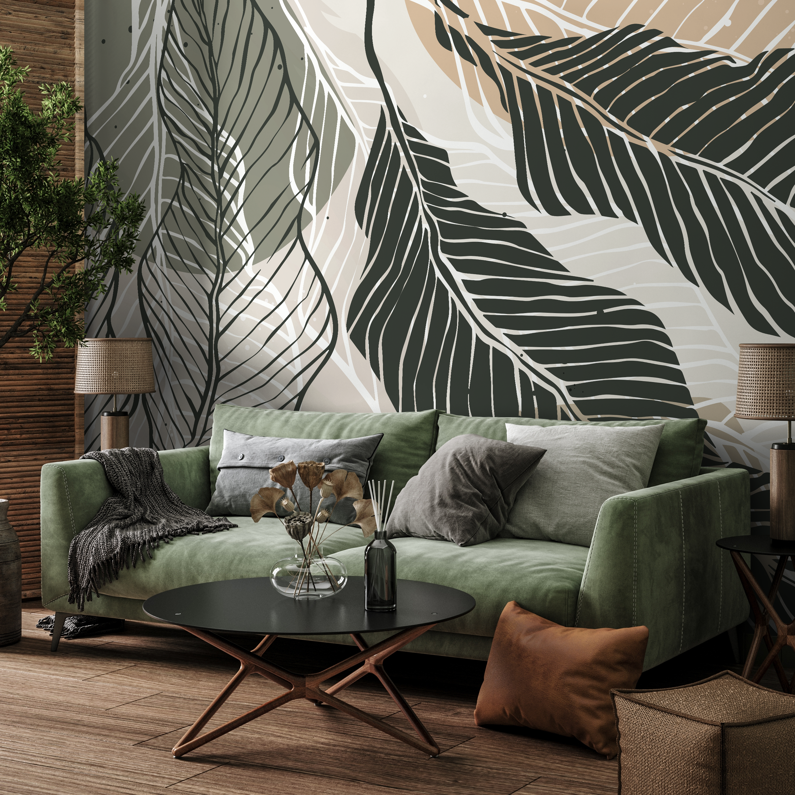 Botanical Wallpaper With Stylized Leaves In Green, Beige, And Black - B953