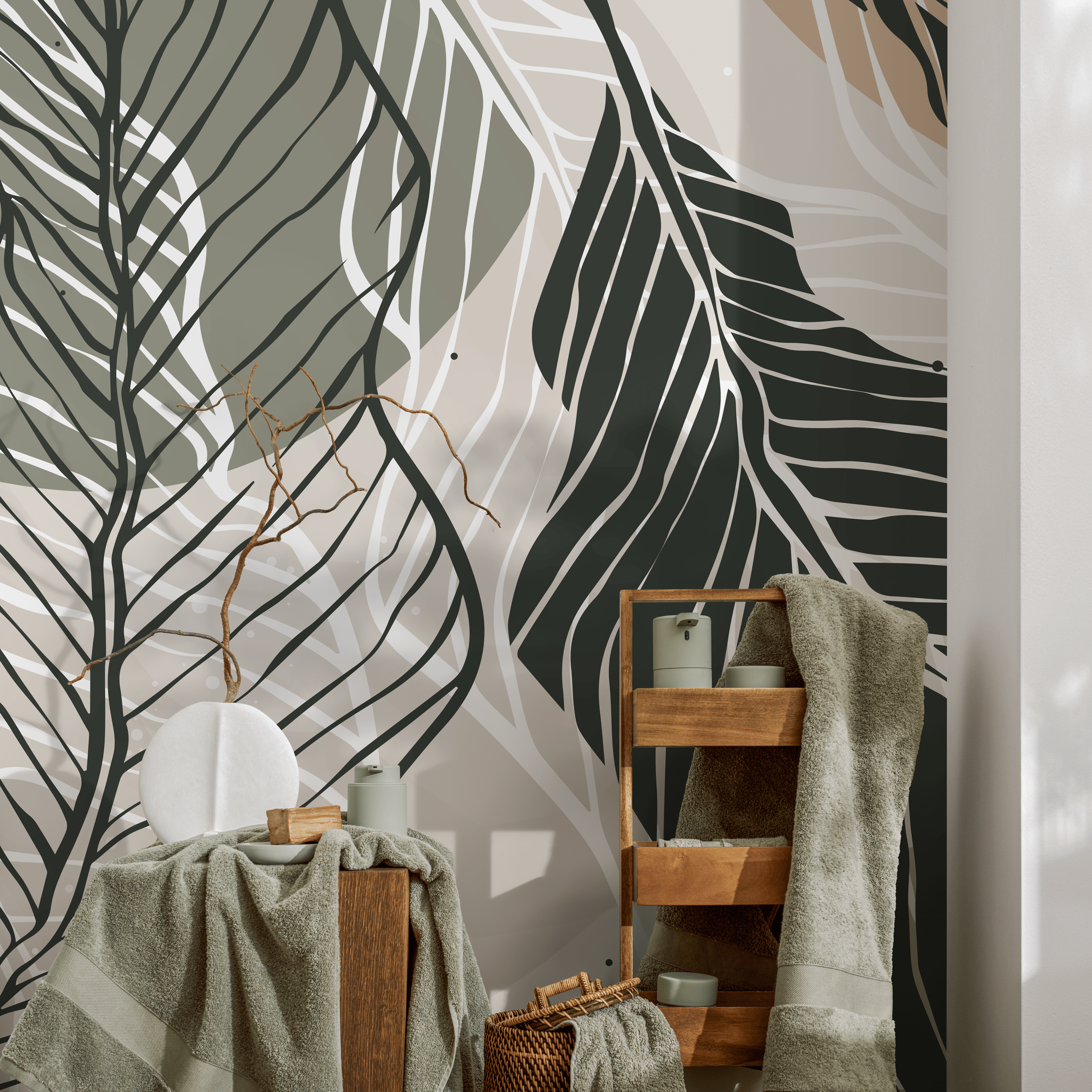 Botanical Wallpaper With Stylized Leaves In Green, Beige, And Black - B953