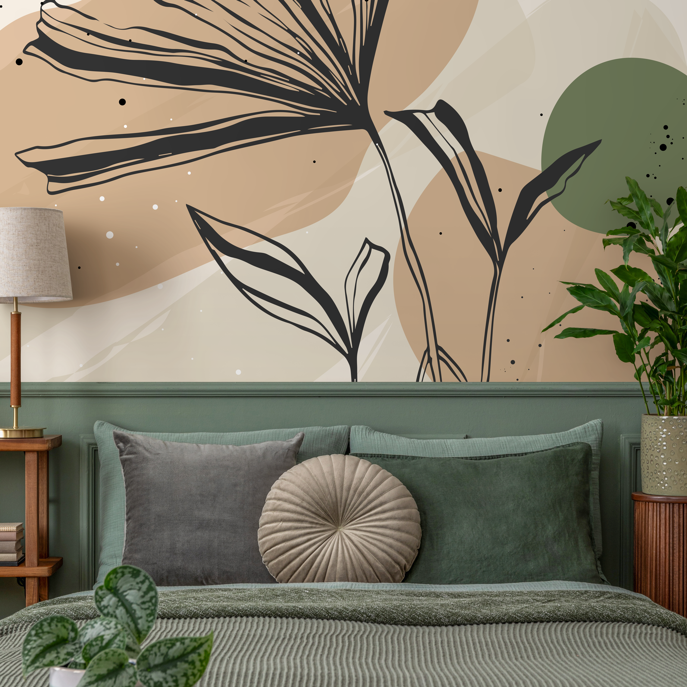Abstract Wallpaper With Botanical Line Art In Green, Brown, And Black - B955
