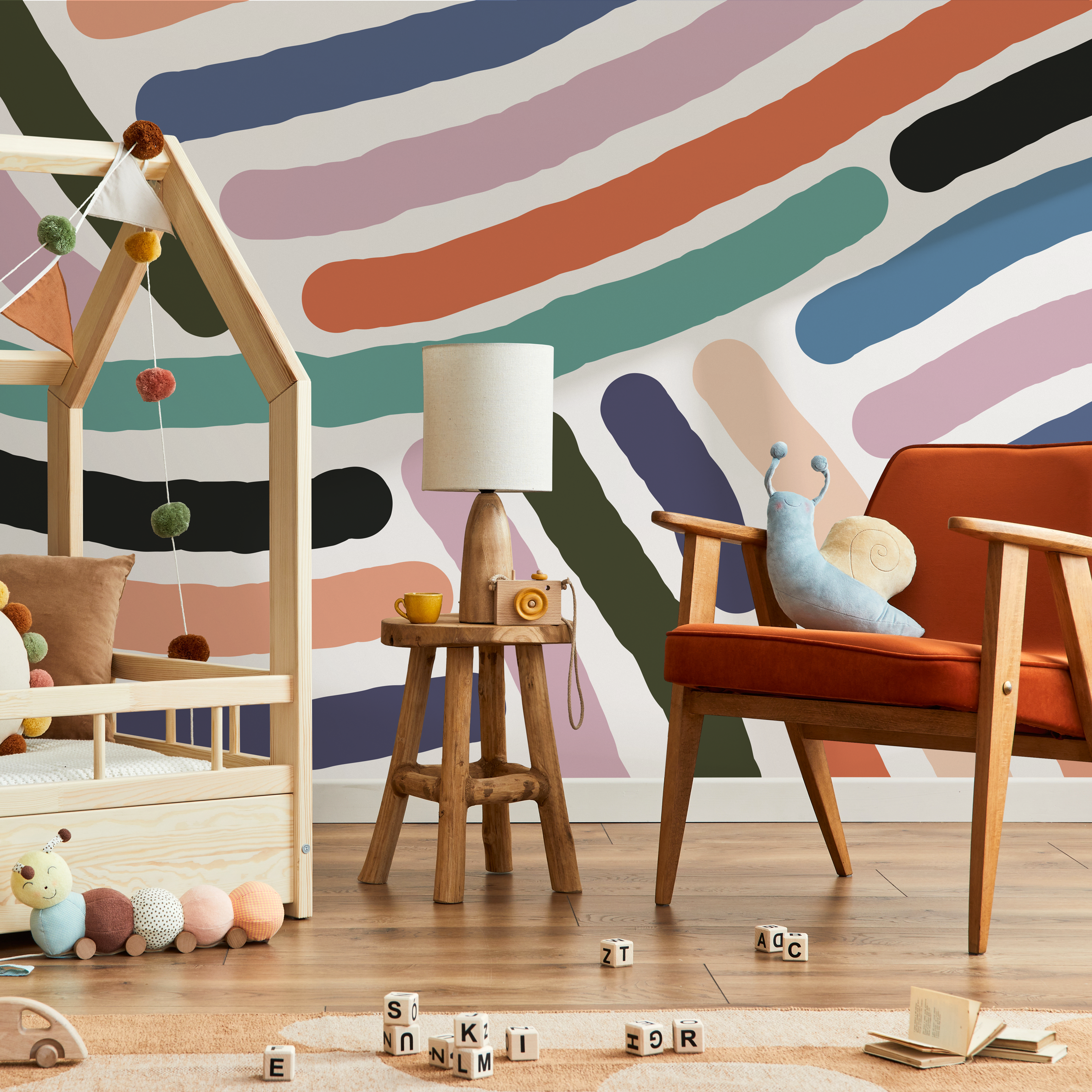 Abstract Wallpaper With Bold Brush Stroke Lines In Orange, Blue, And Teal - B956