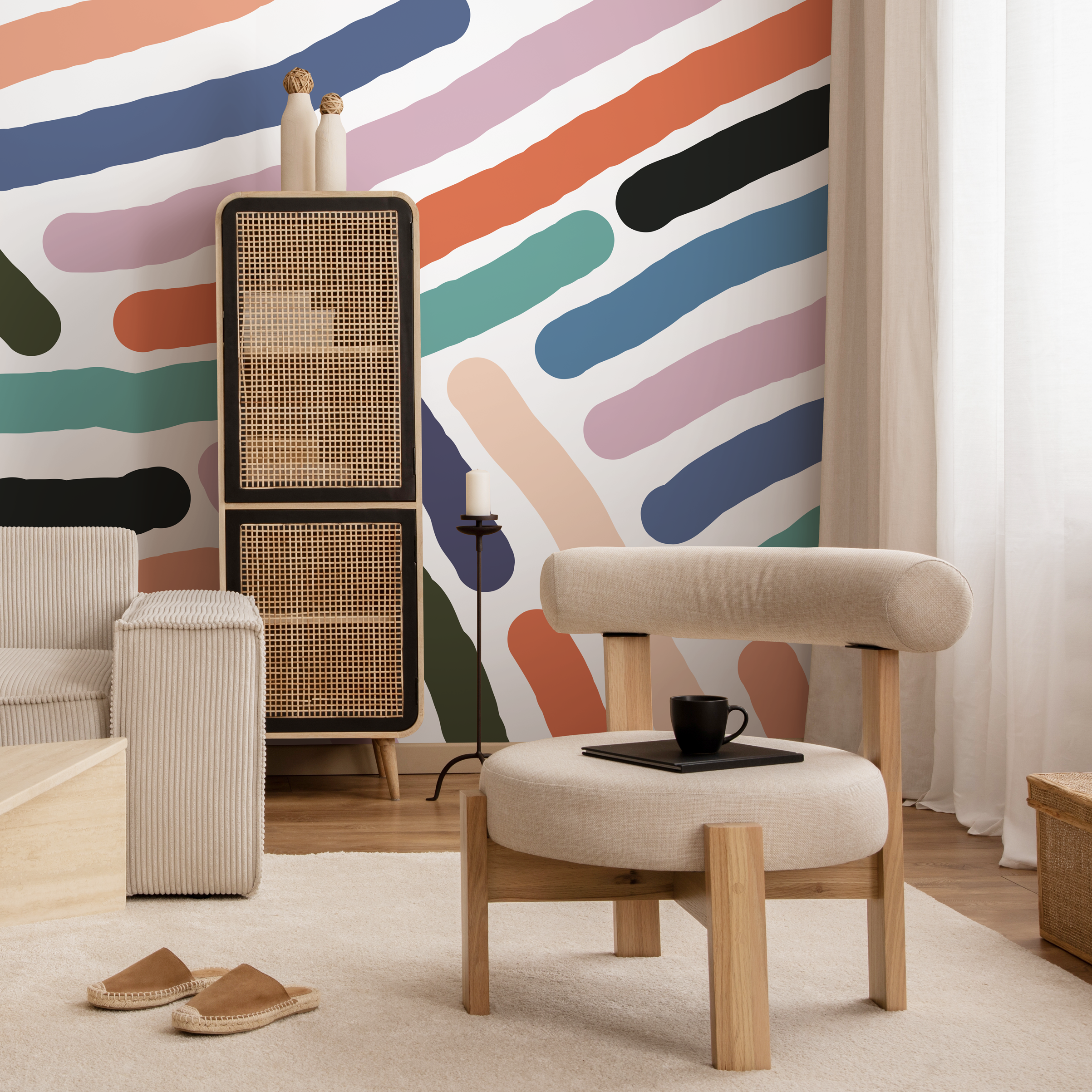 Abstract Wallpaper With Bold Brush Stroke Lines In Orange, Blue, And Teal - B956