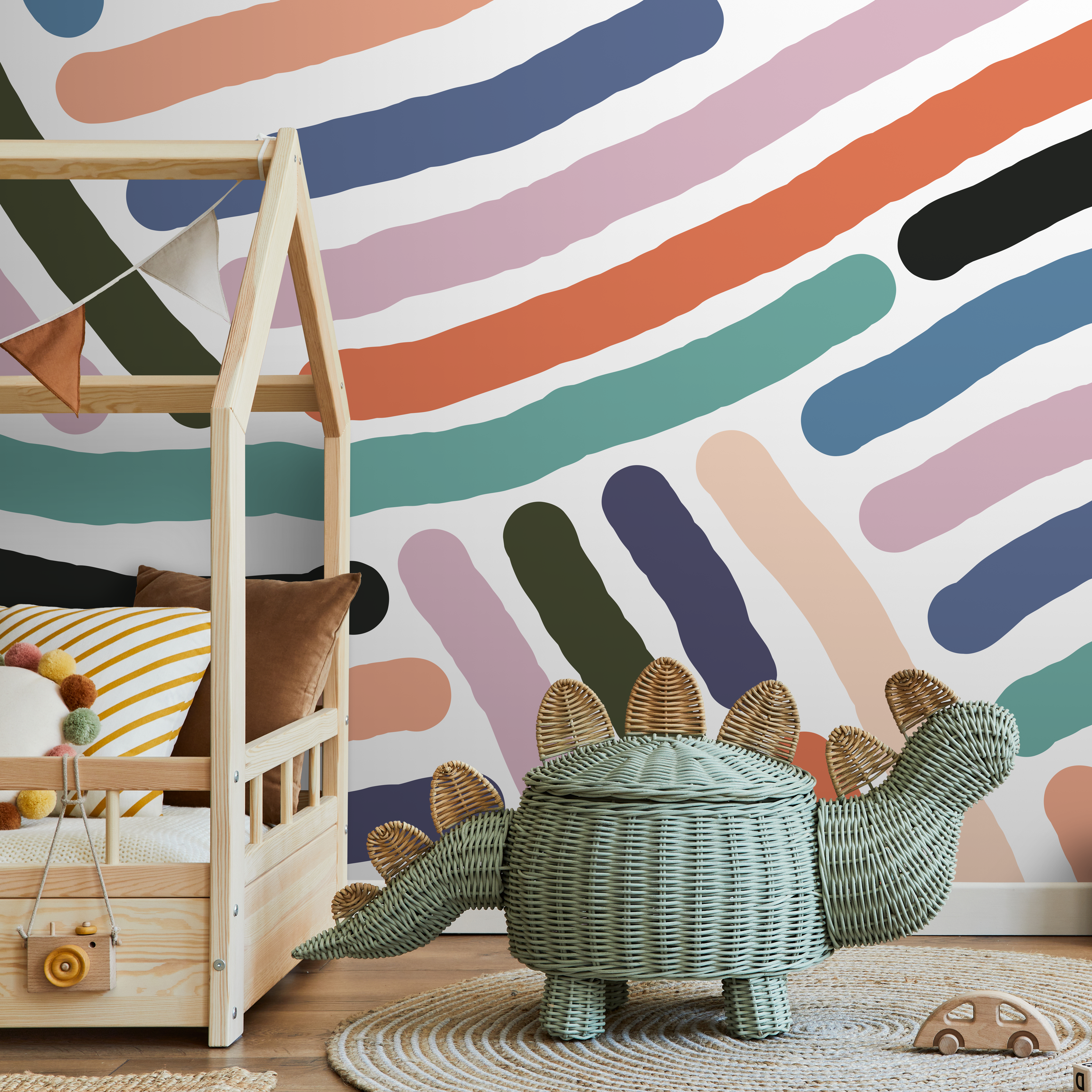 Abstract Wallpaper With Bold Brush Stroke Lines In Orange, Blue, And Teal - B956