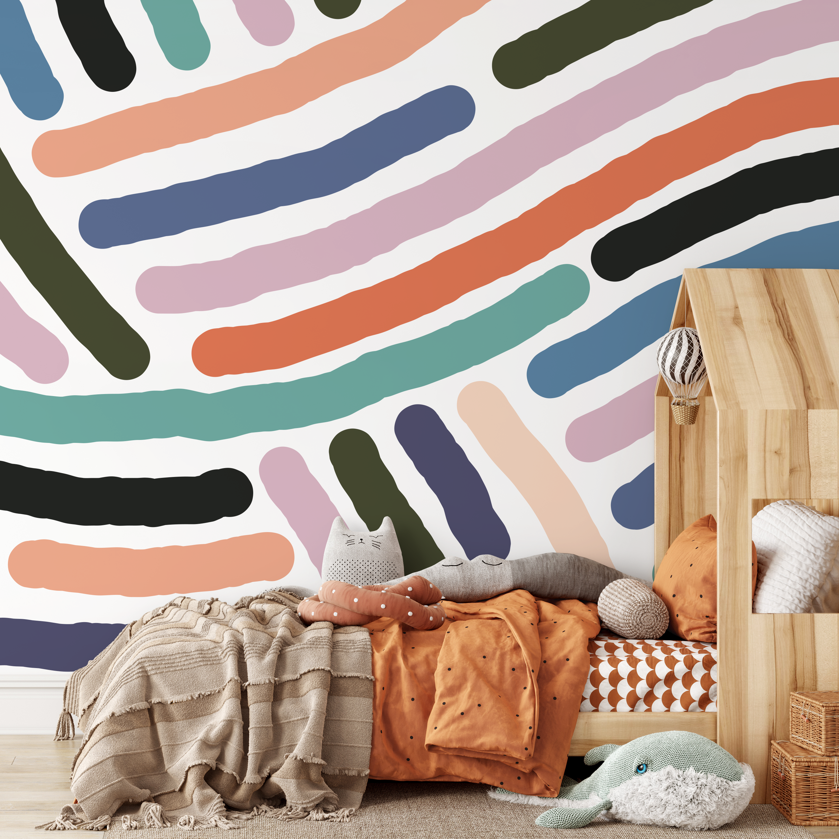 Abstract Wallpaper With Bold Brush Stroke Lines In Orange, Blue, And Teal - B956