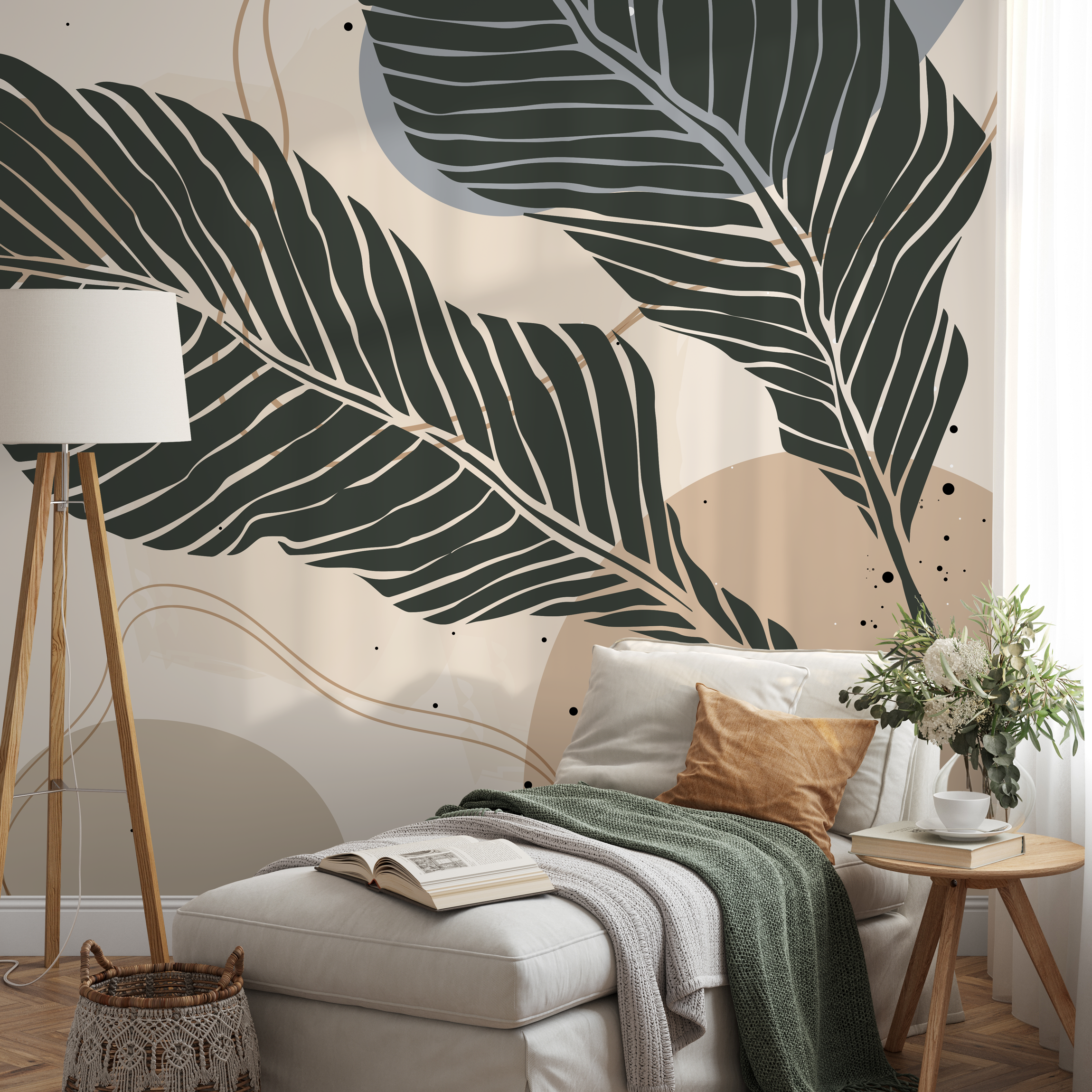 Botanical Wallpaper With Large Stylized Leaves In Charcoal, Beige, And Grey - B958