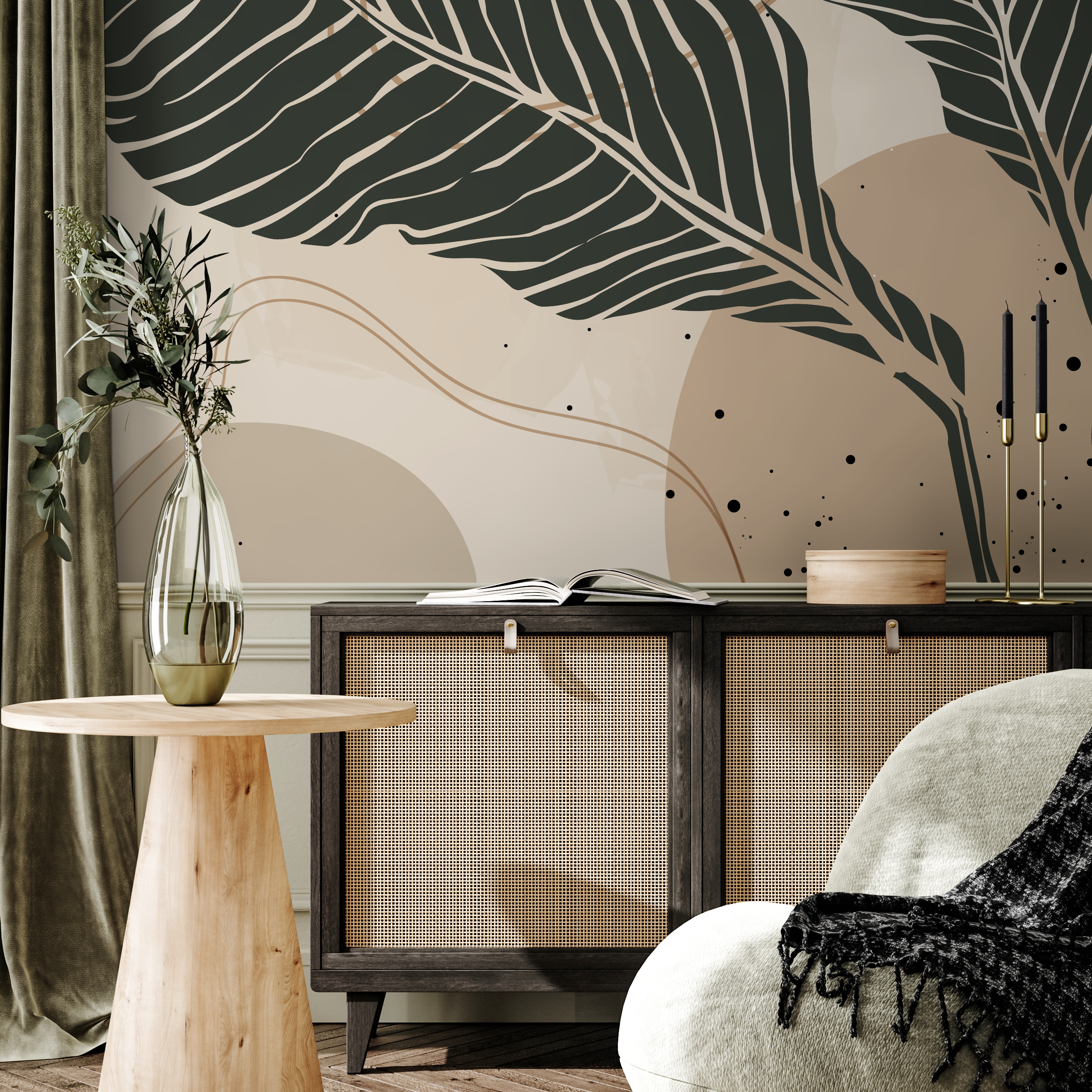 Botanical Wallpaper With Large Stylized Leaves In Charcoal, Beige, And Grey - B958