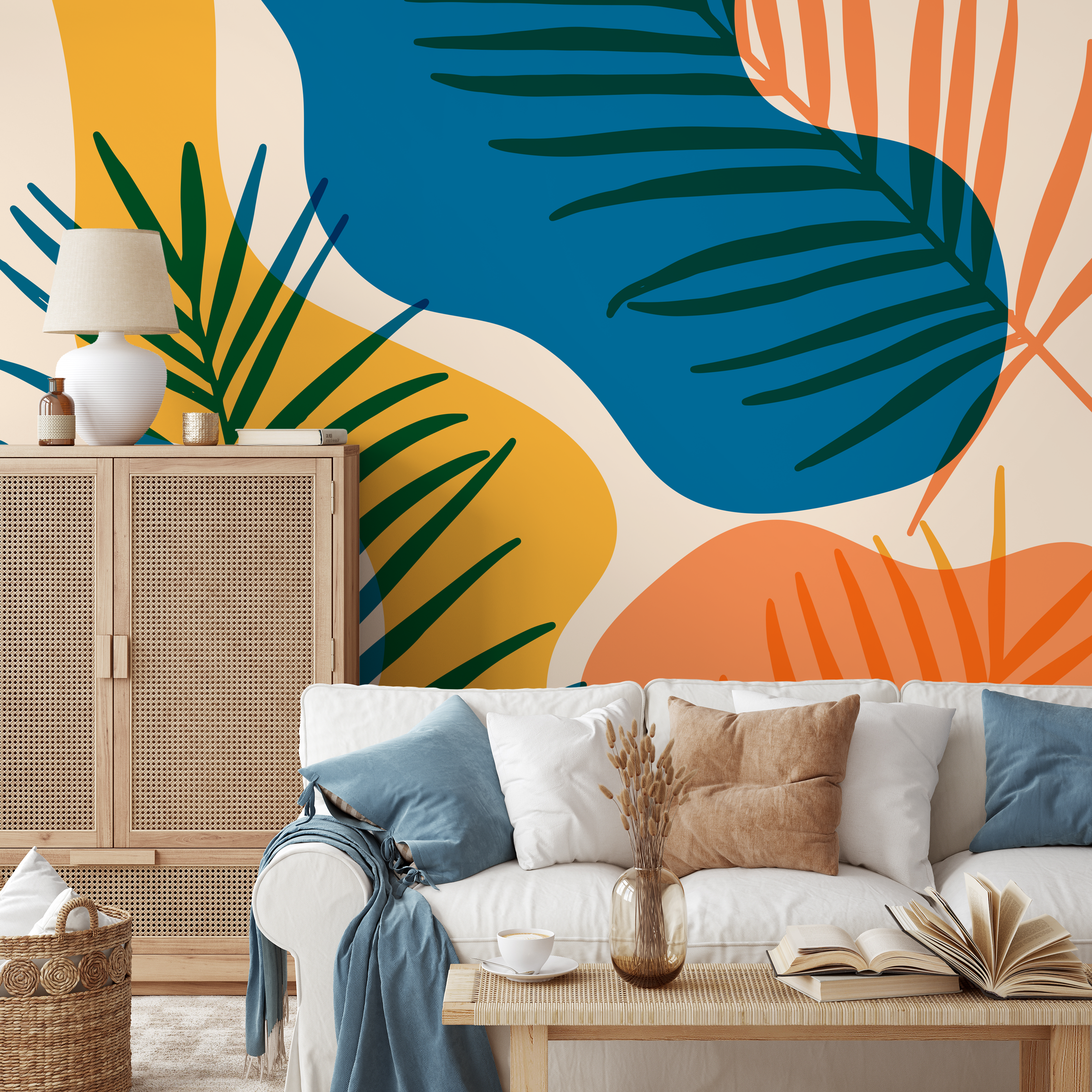 Tropical Wallpaper With Abstract Botanical Shapes In Blue, Yellow, And Orange - B959