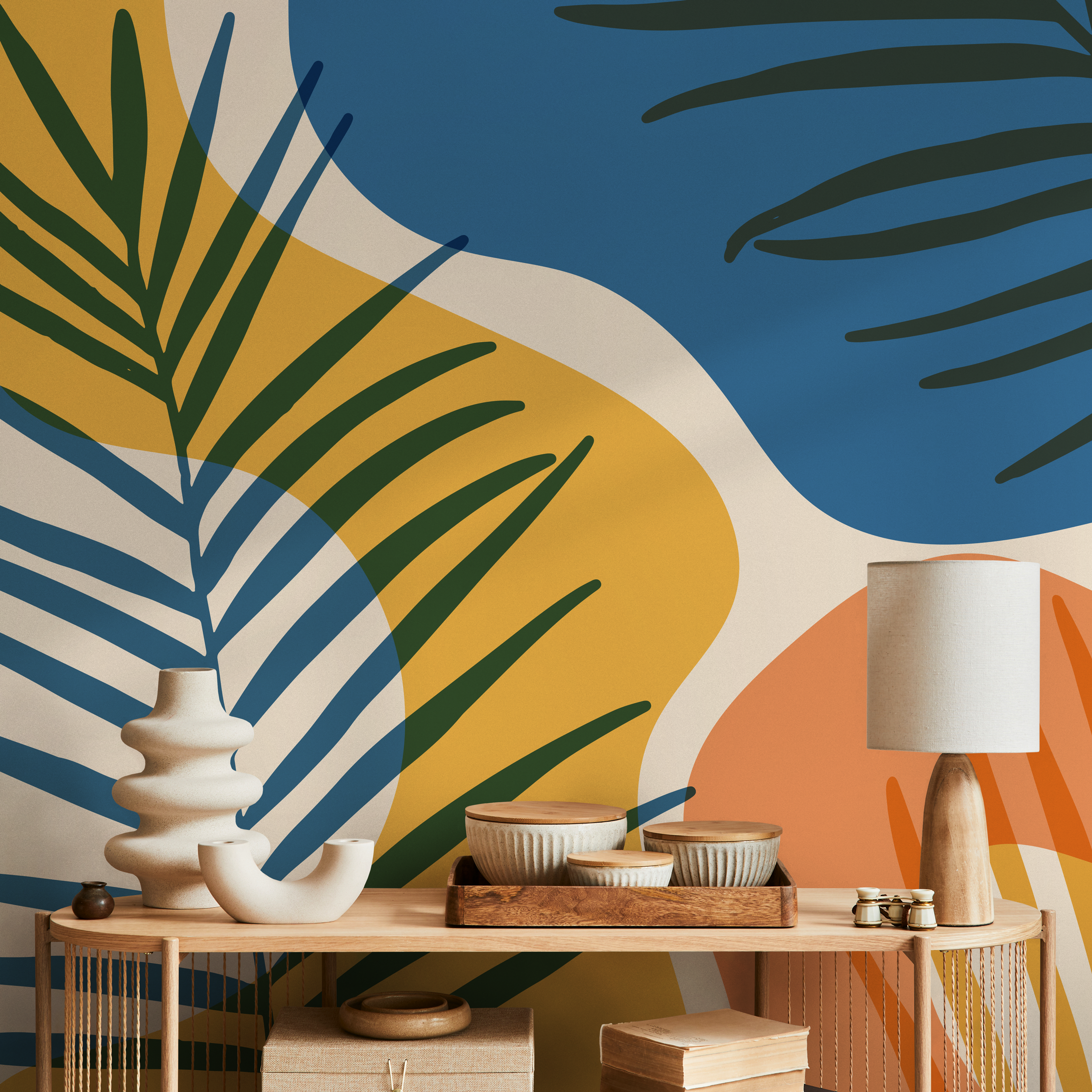 Tropical Wallpaper With Abstract Botanical Shapes In Blue, Yellow, And Orange - B959