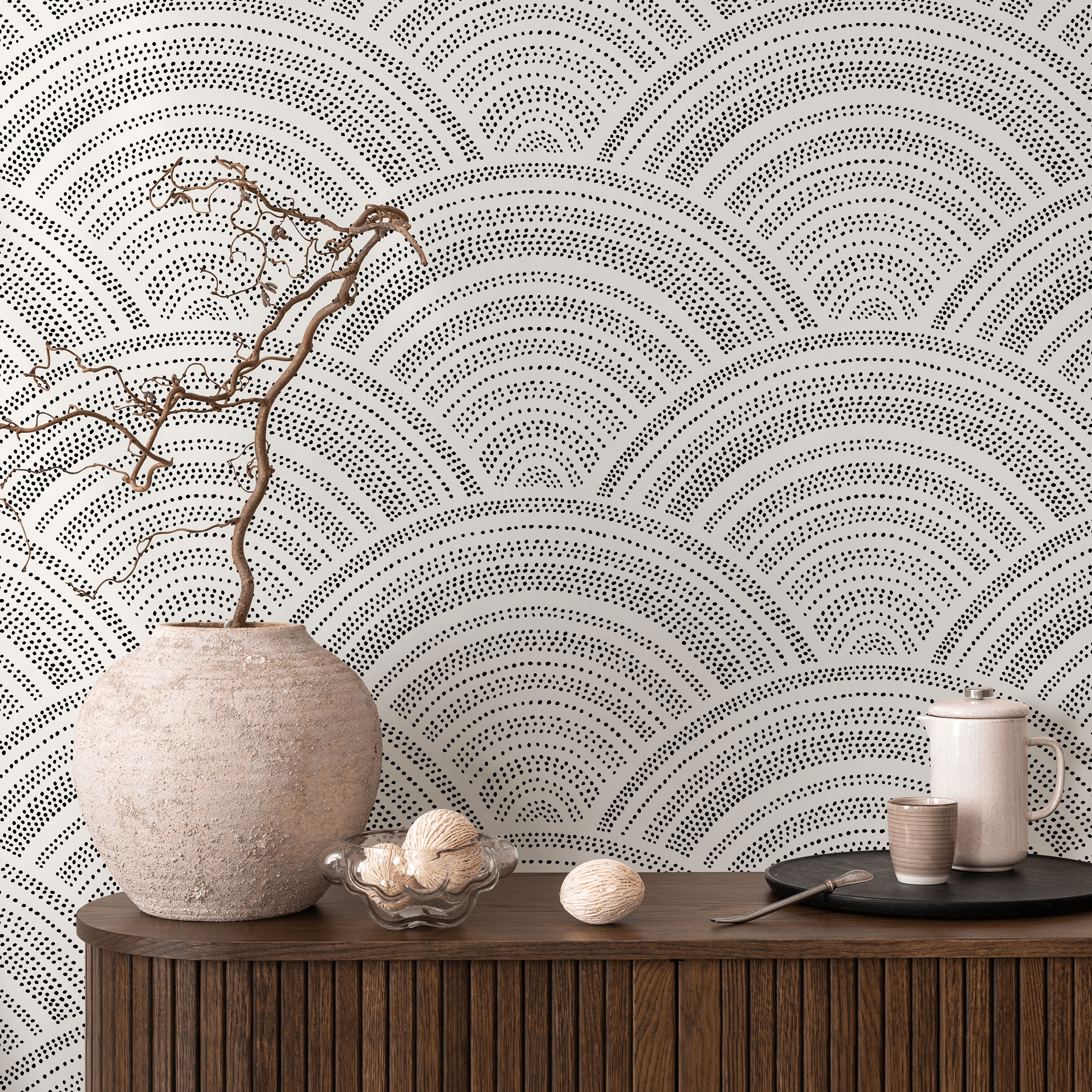 Geometric Wallpaper With Dotted Arches In Black And Grey - B960