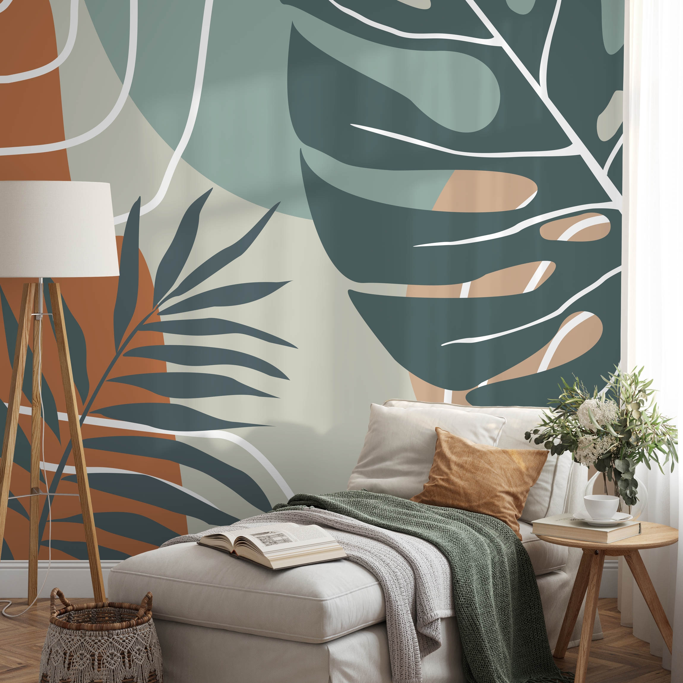 Tropical Abstract Wallpaper With Leaf Silhouettes In Terracotta And Teal - B961