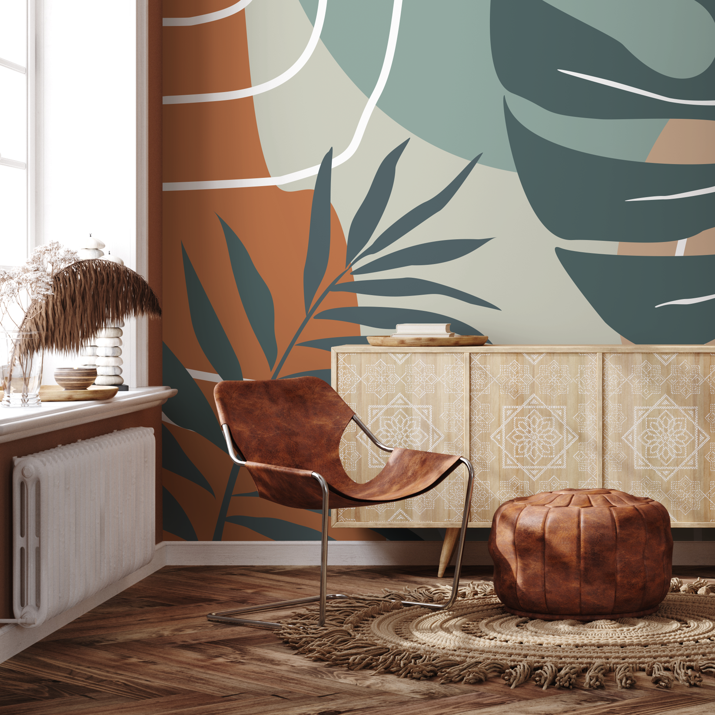 Tropical Abstract Wallpaper With Leaf Silhouettes In Terracotta And Teal - B961