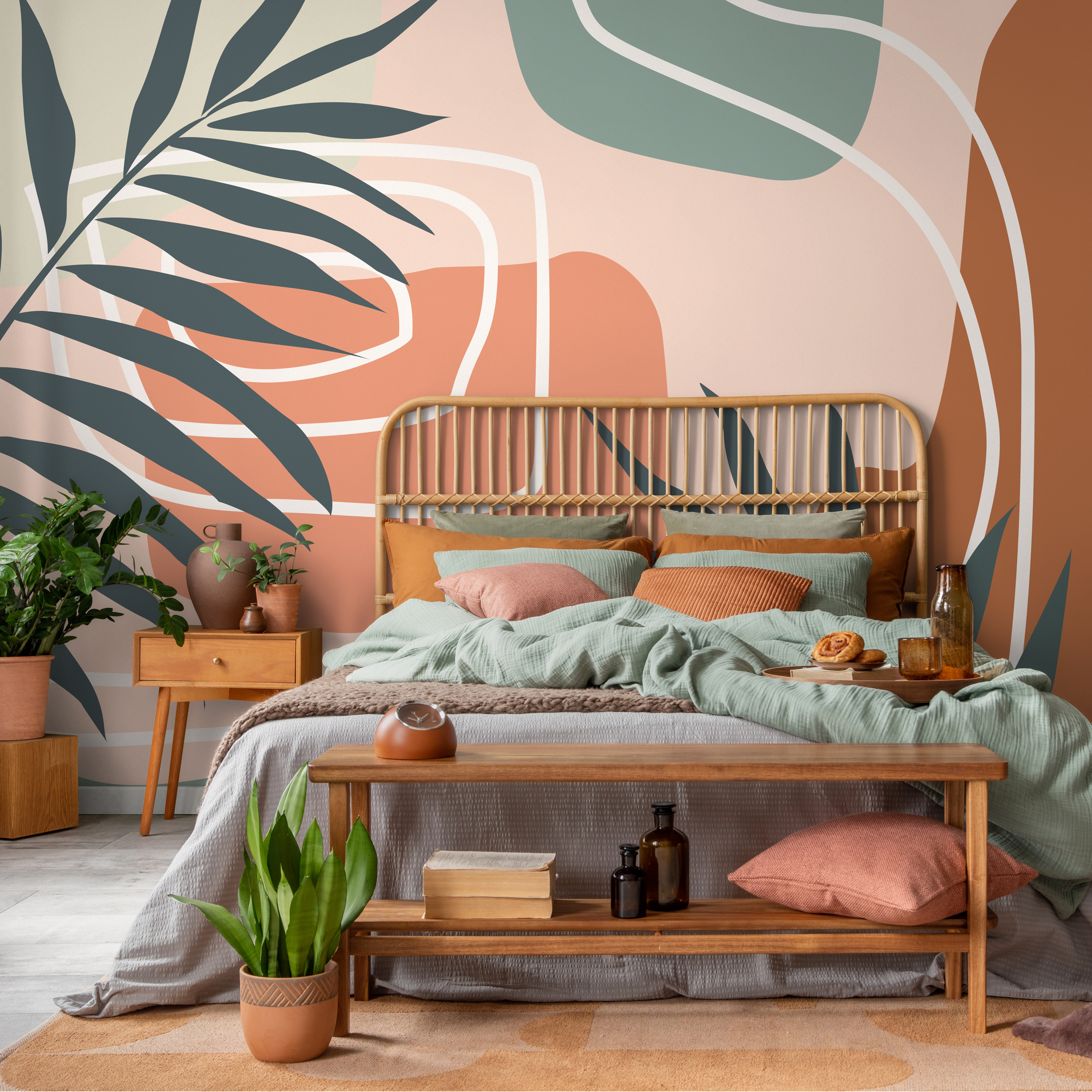 Abstract Wallpaper With A Palm Leaf In Terracotta, Sage, And Charcoal - B962
