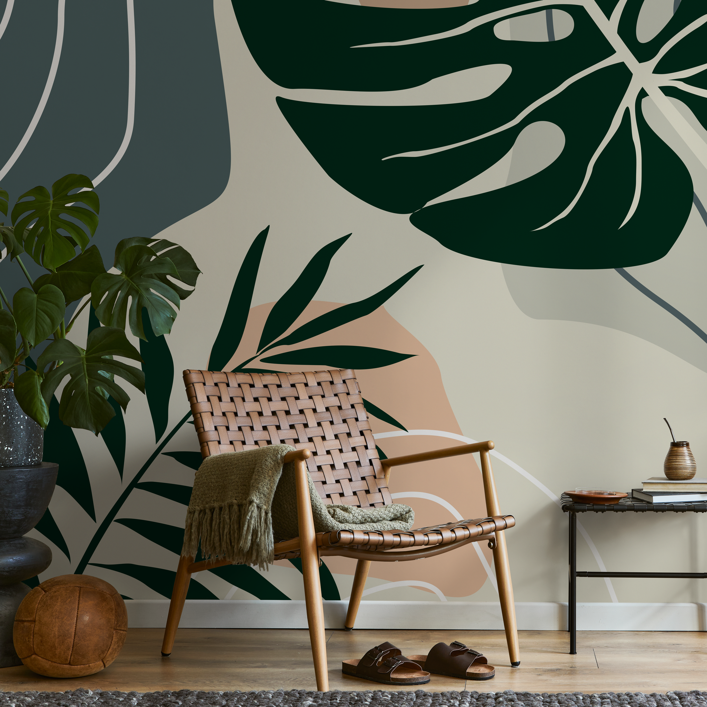 Botanical Wallpaper With Abstract Monstera Leaves In Green, Blue, And Tan - B963