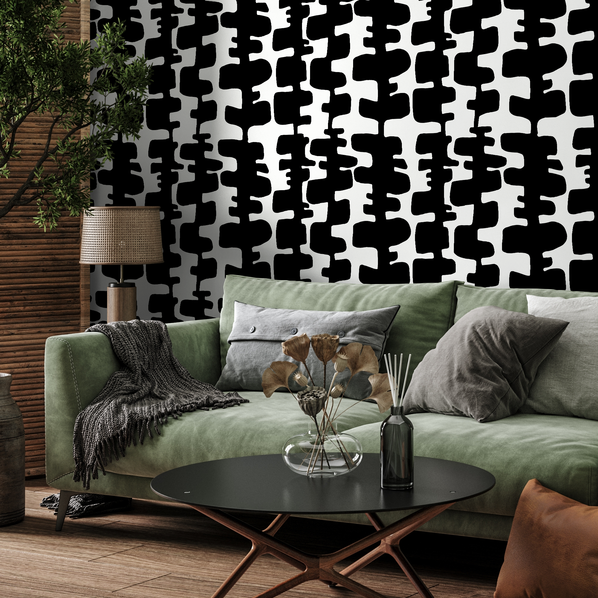 Abstract Wallpaper With Interlocking Organic Shapes In Black And White - B967