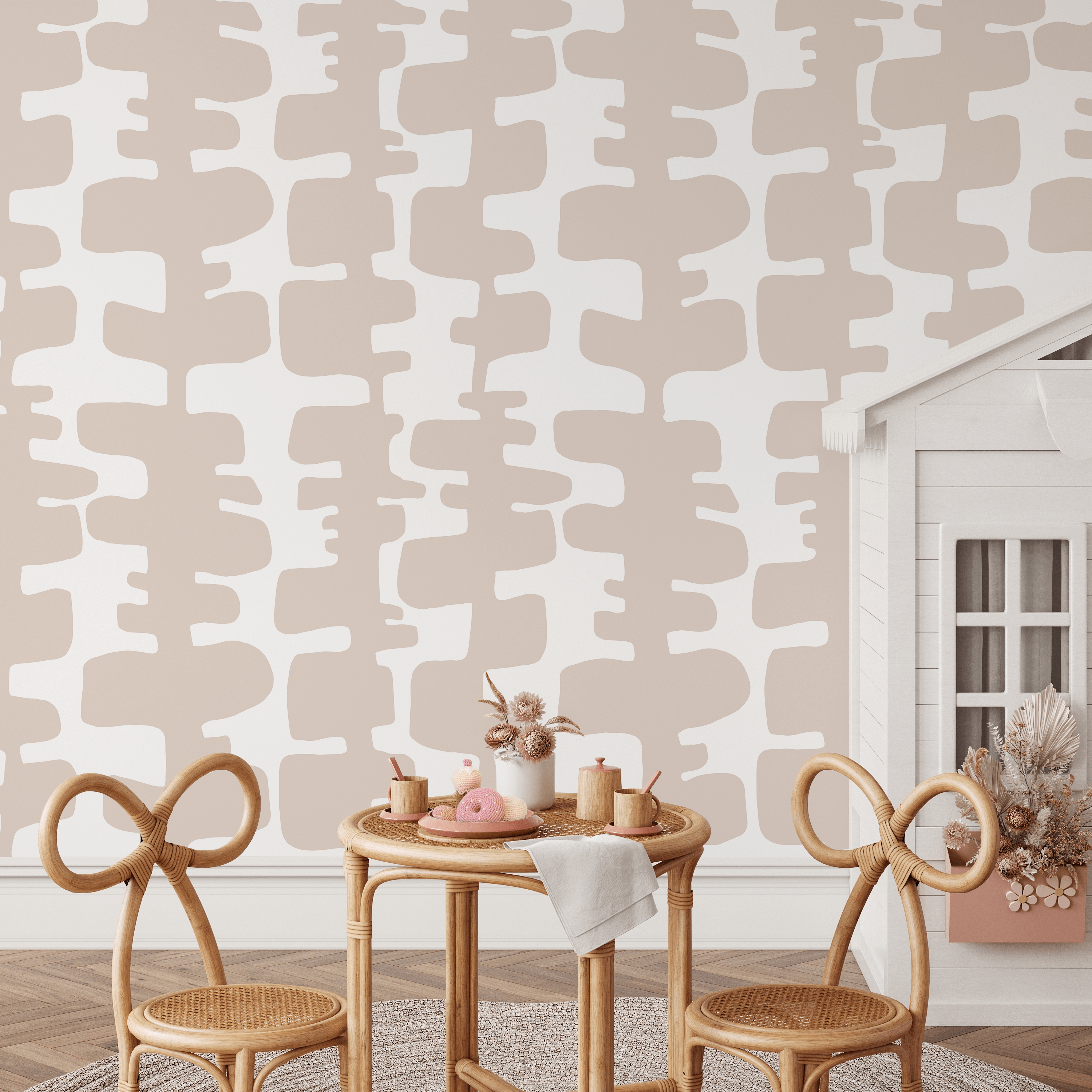 Abstract Wallpaper With Organic Block Shapes In Beige And Off-white - B968