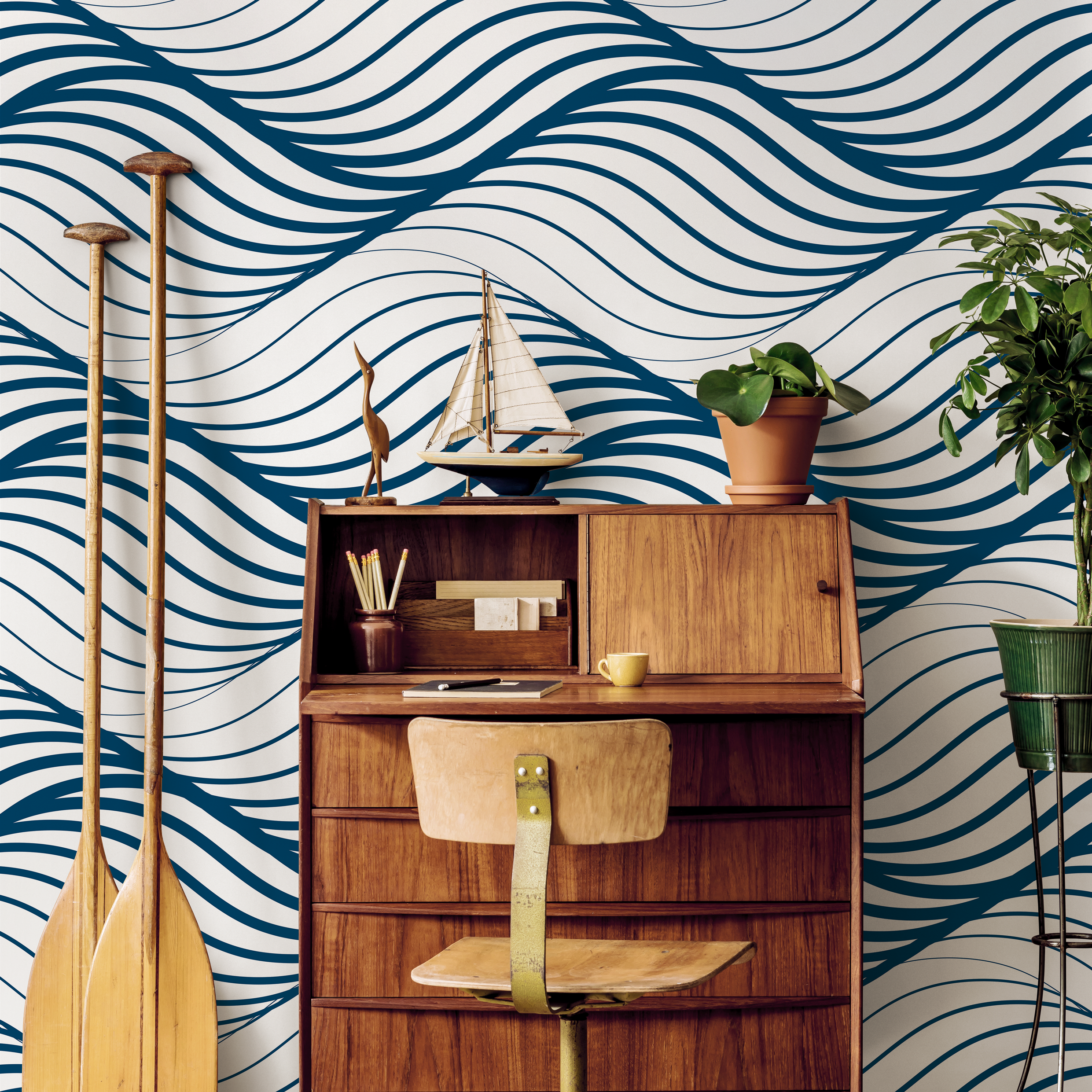 Modern Wave Wallpaper With A Flowing Lines Motif In Blue - B970
