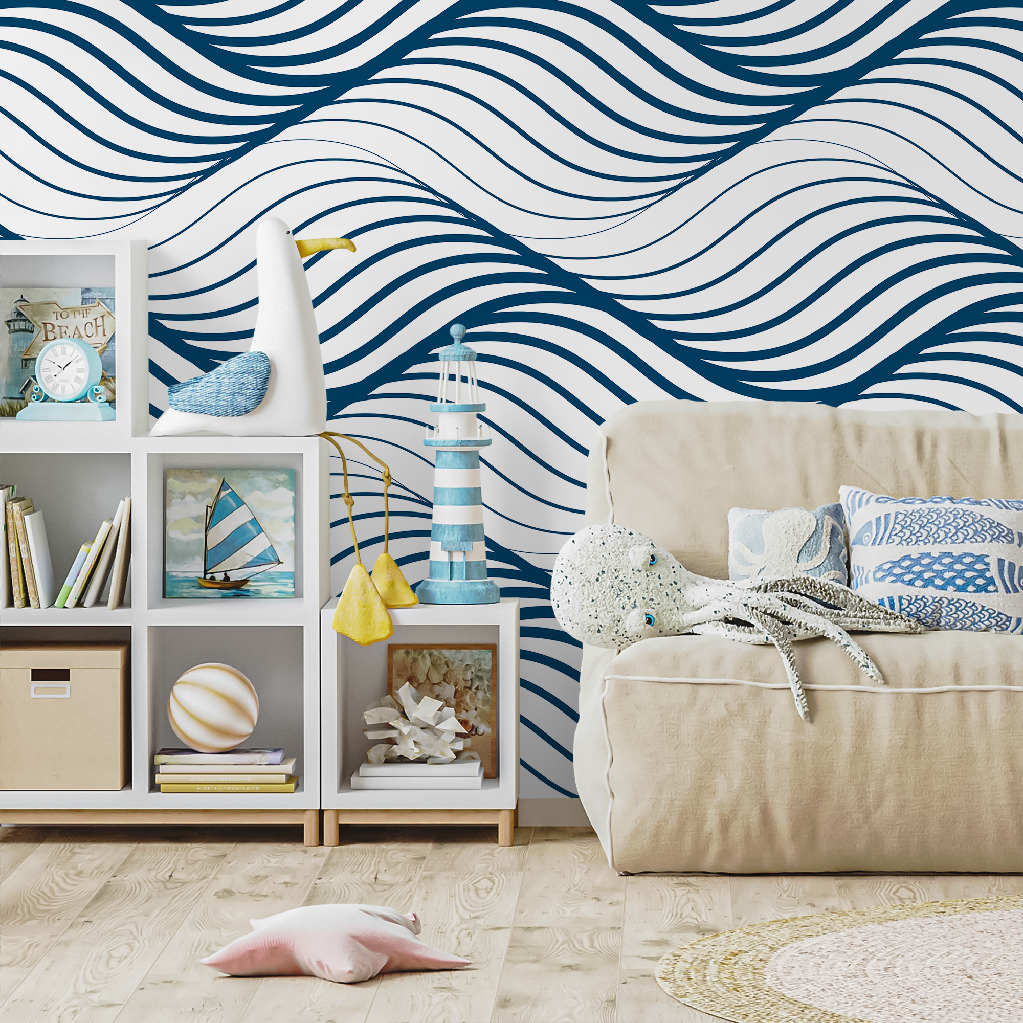 Modern Wave Wallpaper With A Flowing Lines Motif In Blue - B970