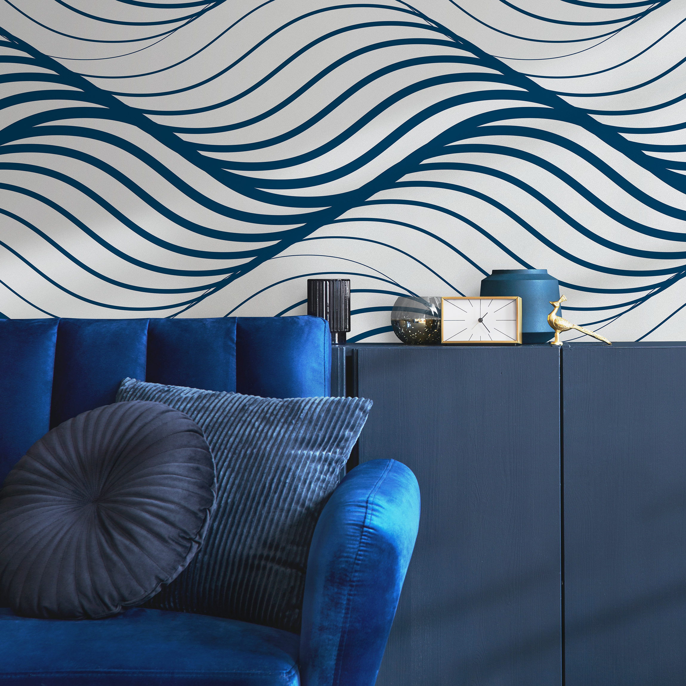 Modern Wave Wallpaper With A Flowing Lines Motif In Blue - B970