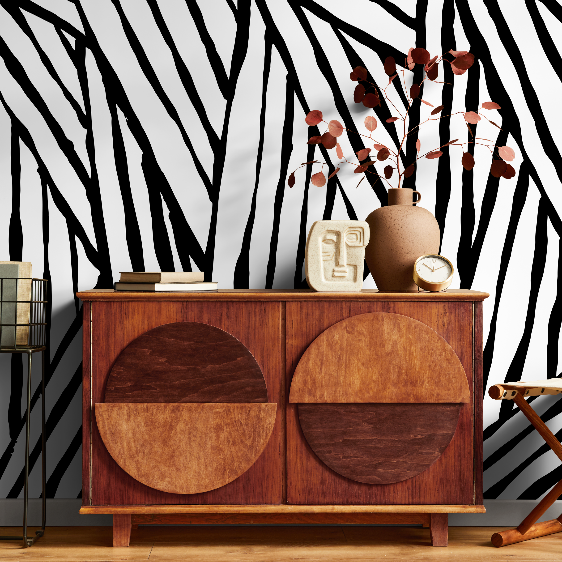 Abstract Wallpaper With Bold Brushstroke Stripes In Black And Beige - B972