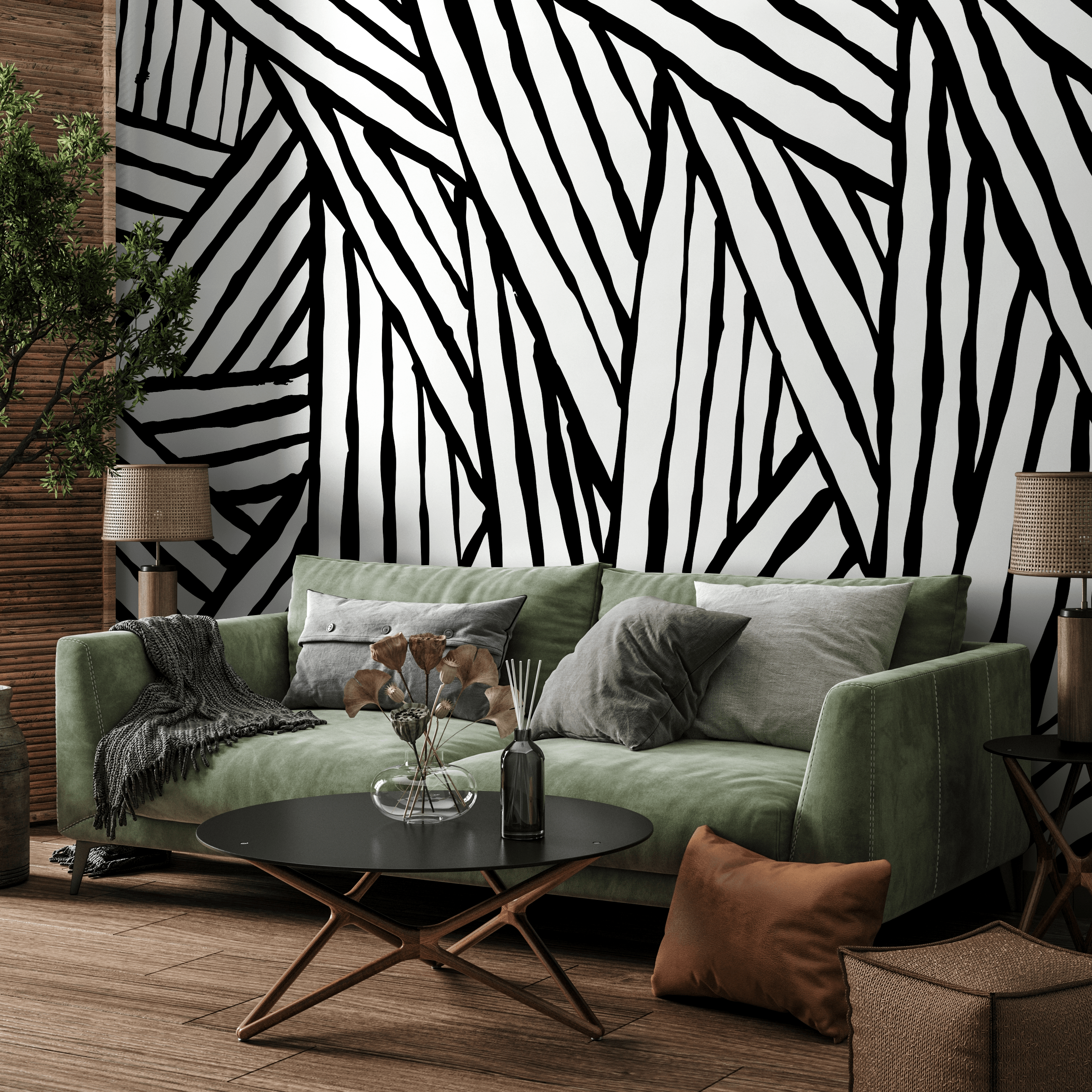 Abstract Wallpaper With Bold Brushstroke Stripes In Black And Beige - B972
