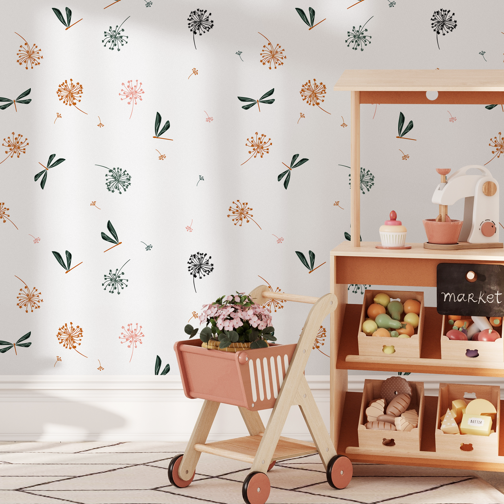 Botanical Wallpaper With Dandelions And Dragonflies In Green, Orange, And Pink - B975