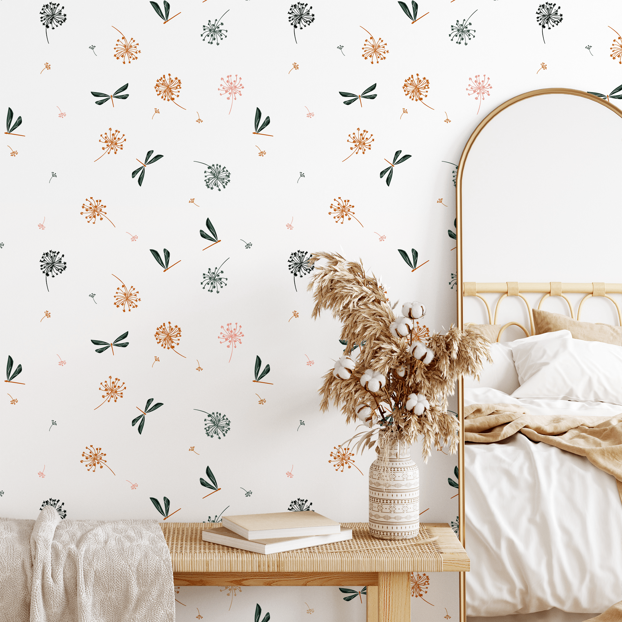 Botanical Wallpaper With Dandelions And Dragonflies In Green, Orange, And Pink - B975