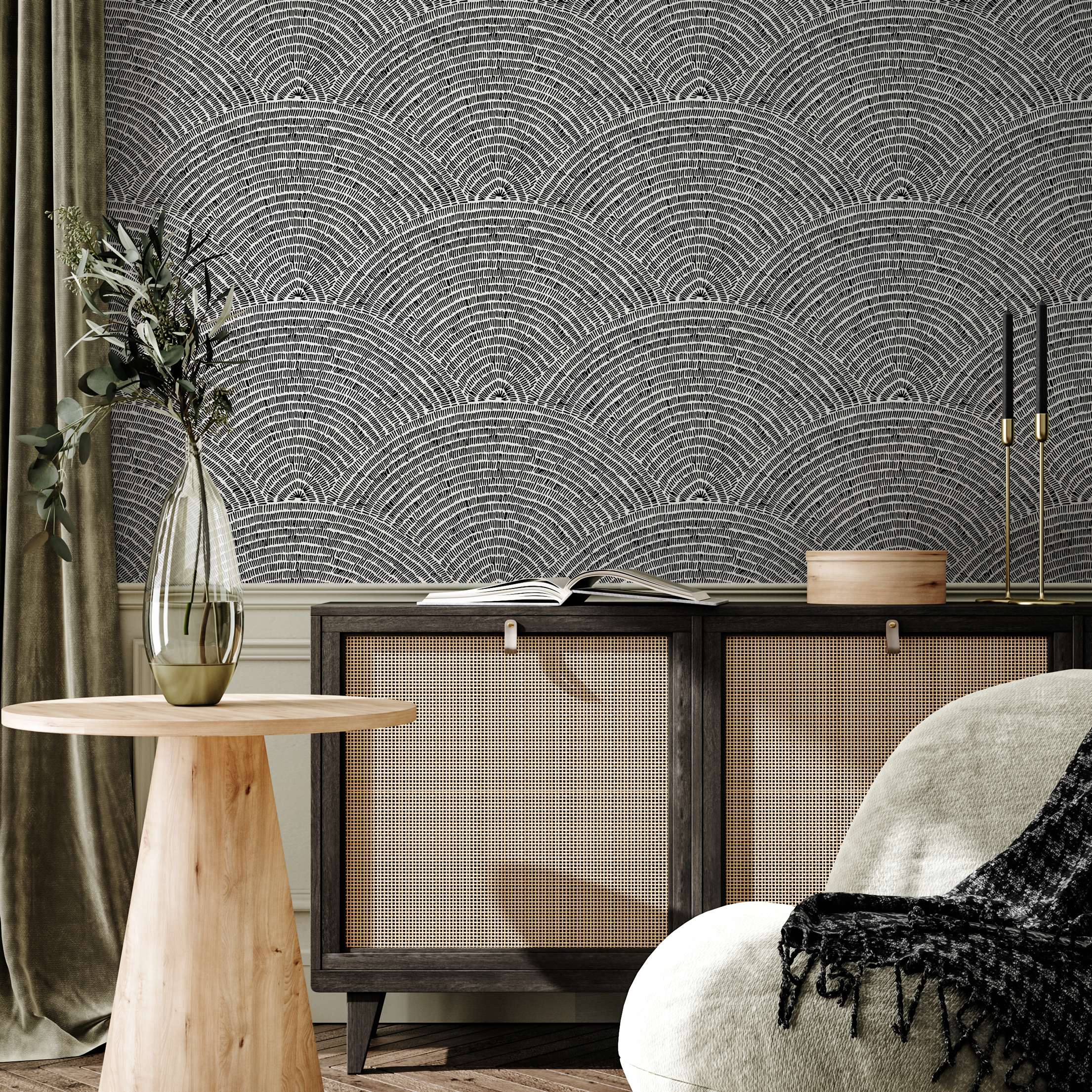 Geometric Wallpaper With A Scalloped Arch Motif In Black And White - B976