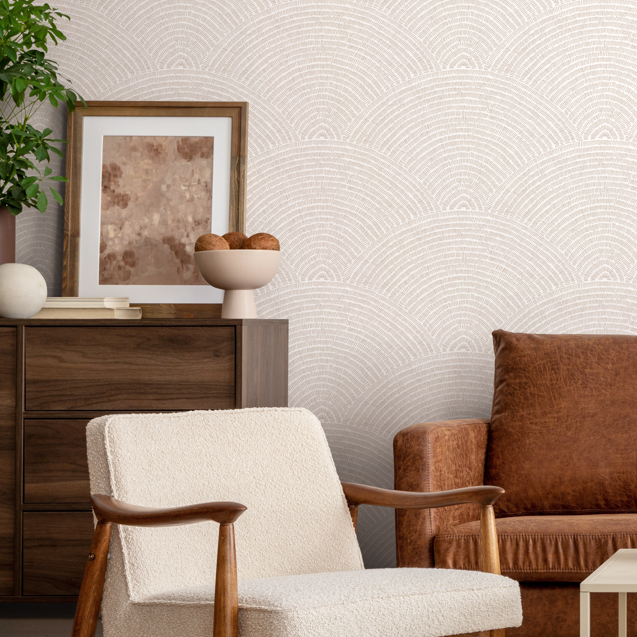 Scandinavian Wallpaper Featuring Sketched Arch Motifs In Beige And Cream - B977