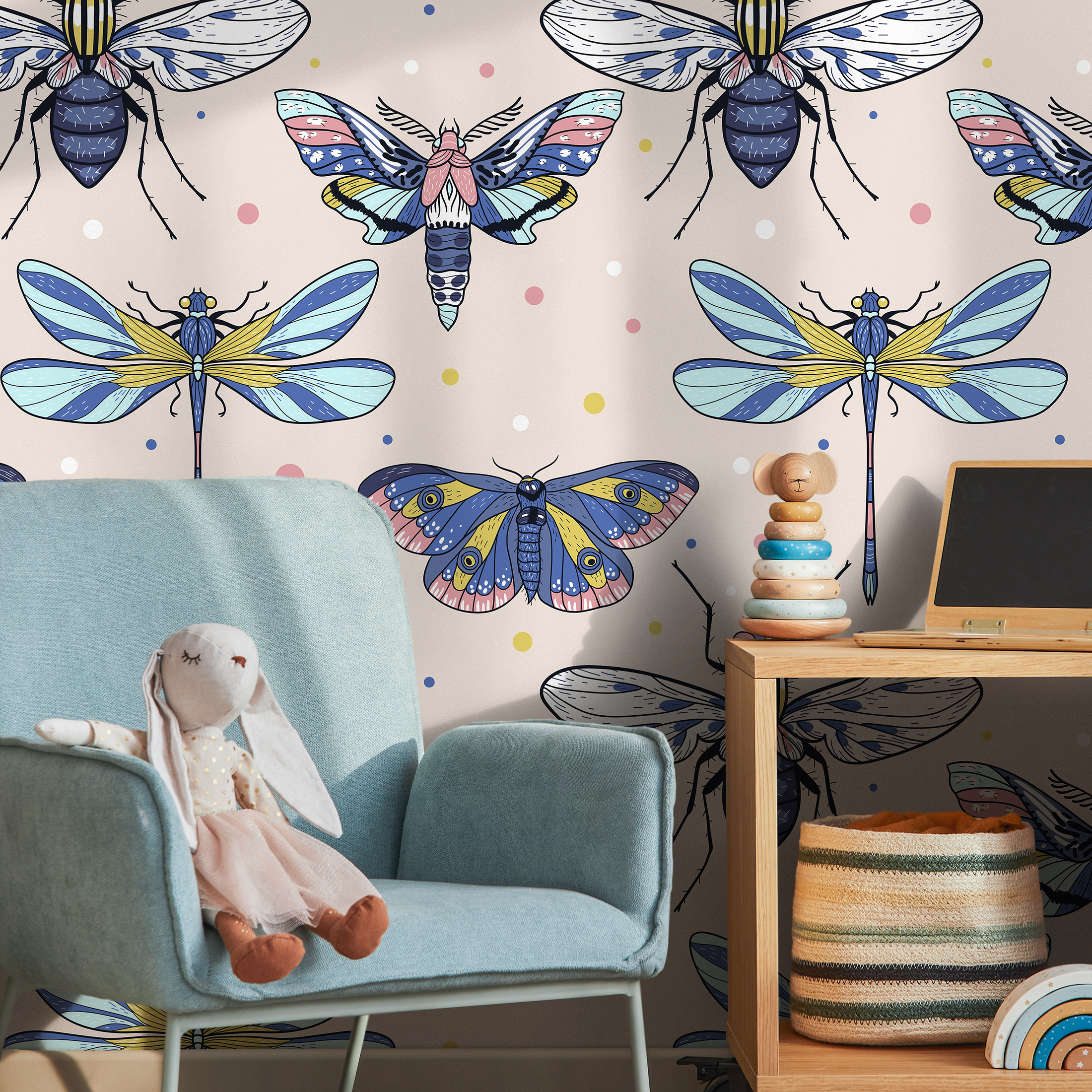 Insect Wallpaper Featuring Moths And Dragonflies In Blue, Pink, And Yellow - B978