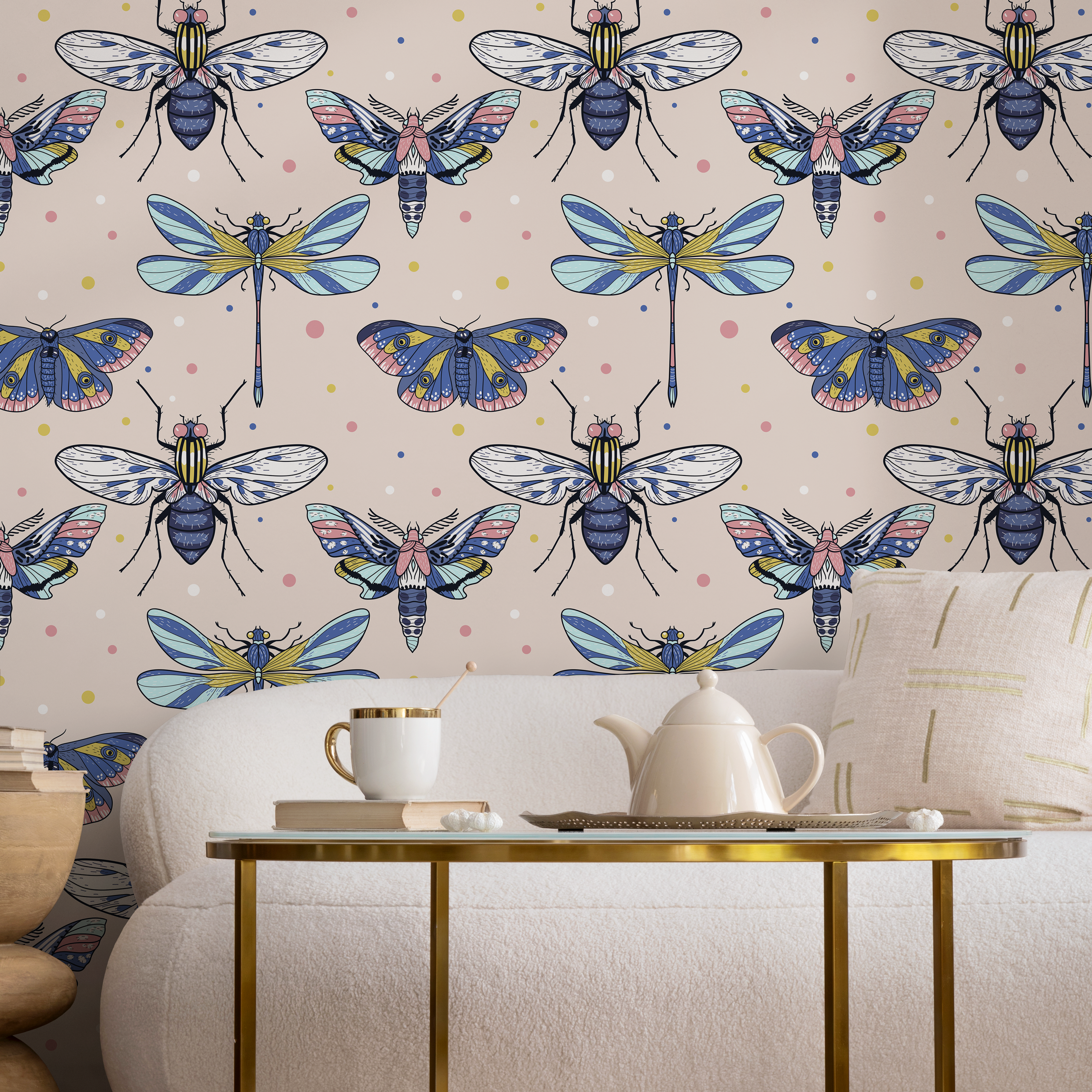 Insect Wallpaper Featuring Moths And Dragonflies In Blue, Pink, And Yellow - B978
