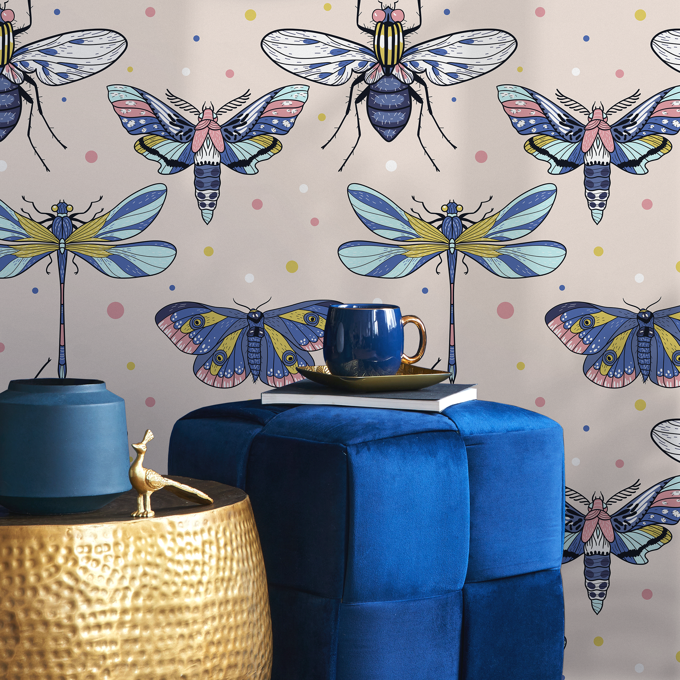 Insect Wallpaper Featuring Moths And Dragonflies In Blue, Pink, And Yellow - B978