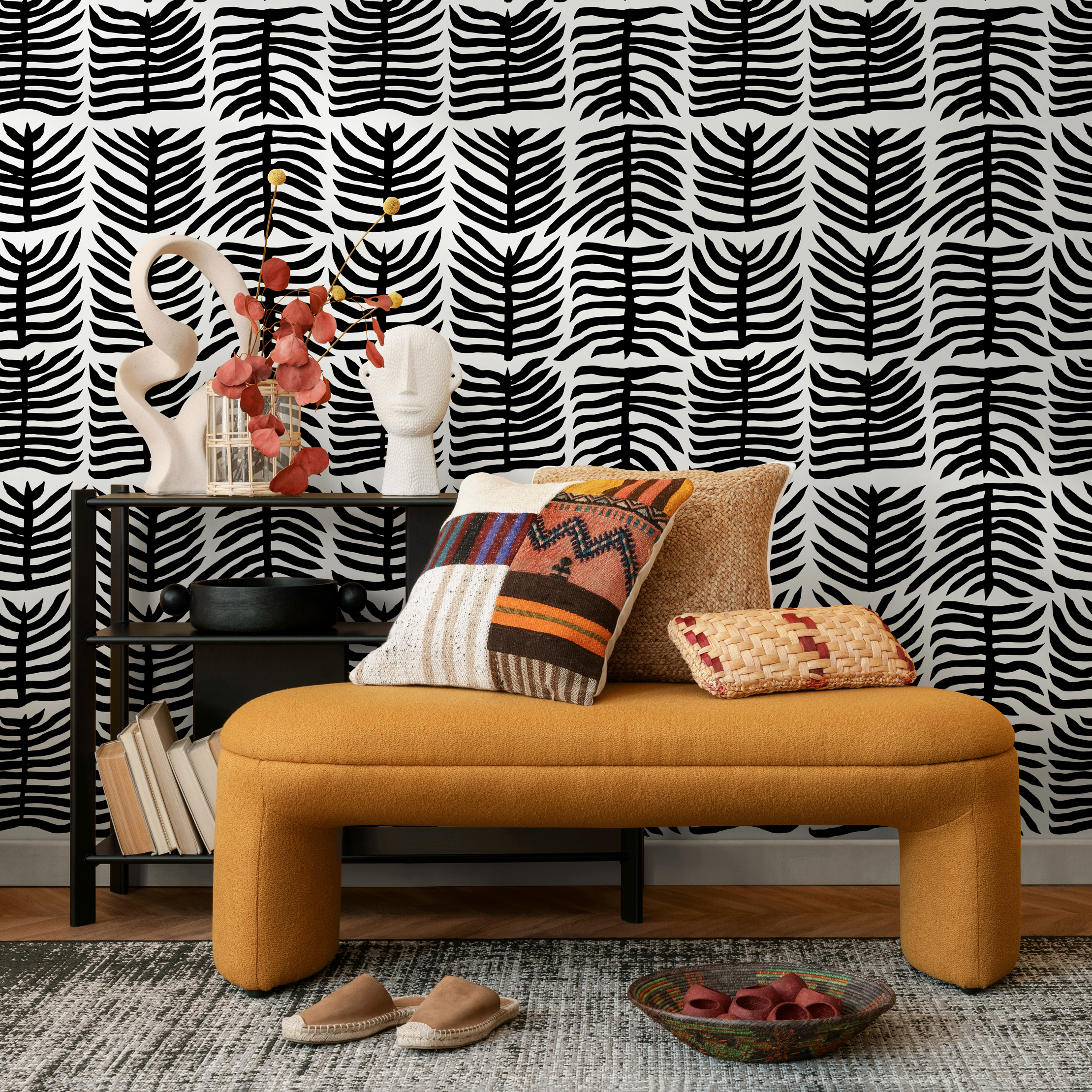 Botanical Wallpaper With A Graphic Leaf Pattern In Black And White - B979
