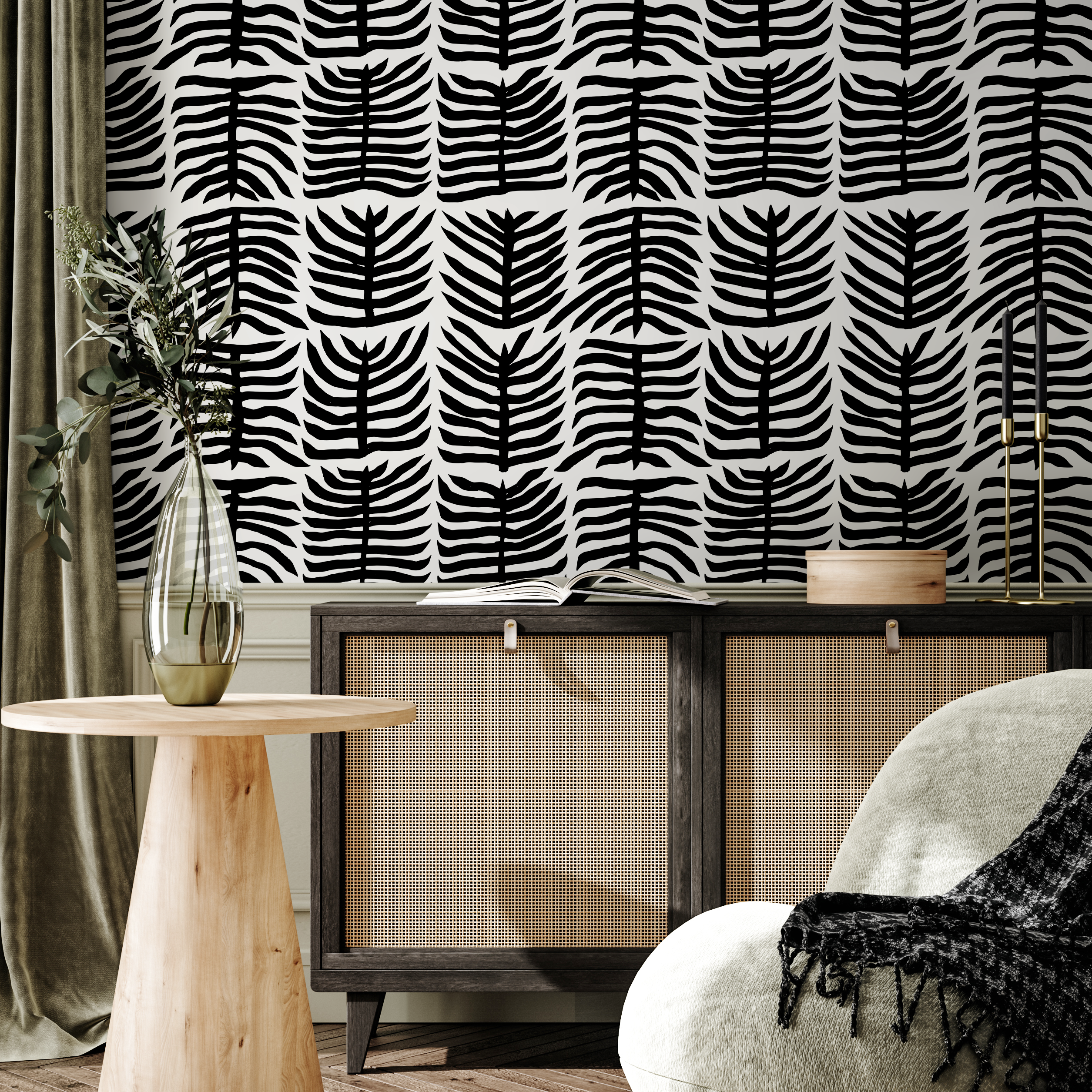 Botanical Wallpaper With A Graphic Leaf Pattern In Black And White - B979