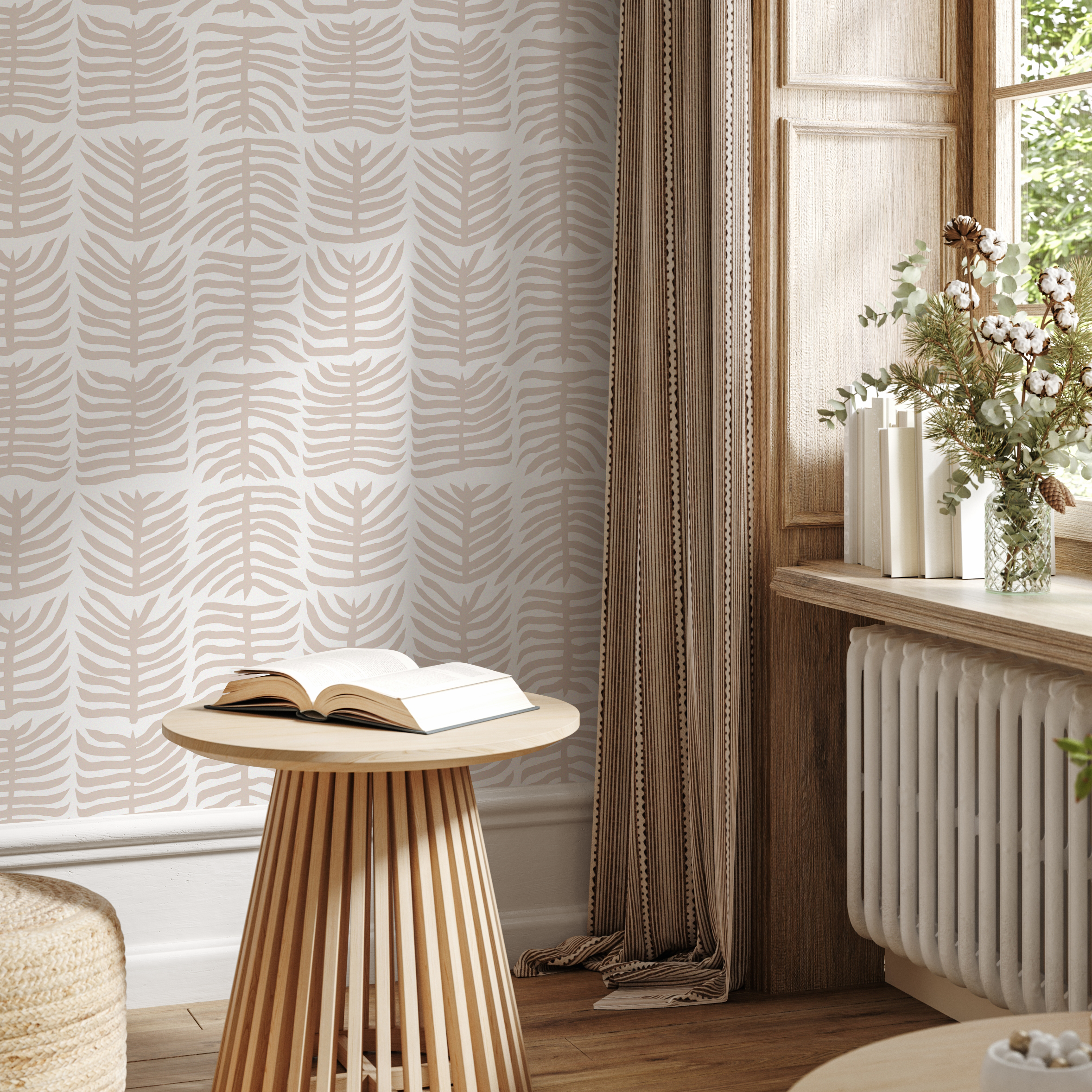 Botanical Wallpaper With A Stylized Leaf Motif In Beige - B980