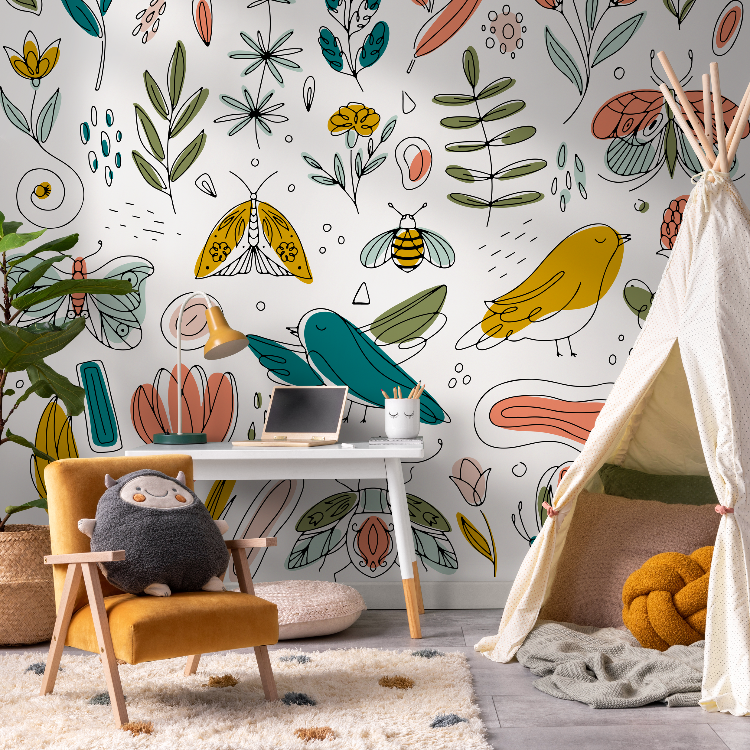 Illustrative Wallpaper With Whimsical Flora And Fauna In Yellow, Teal, And Pink - B982